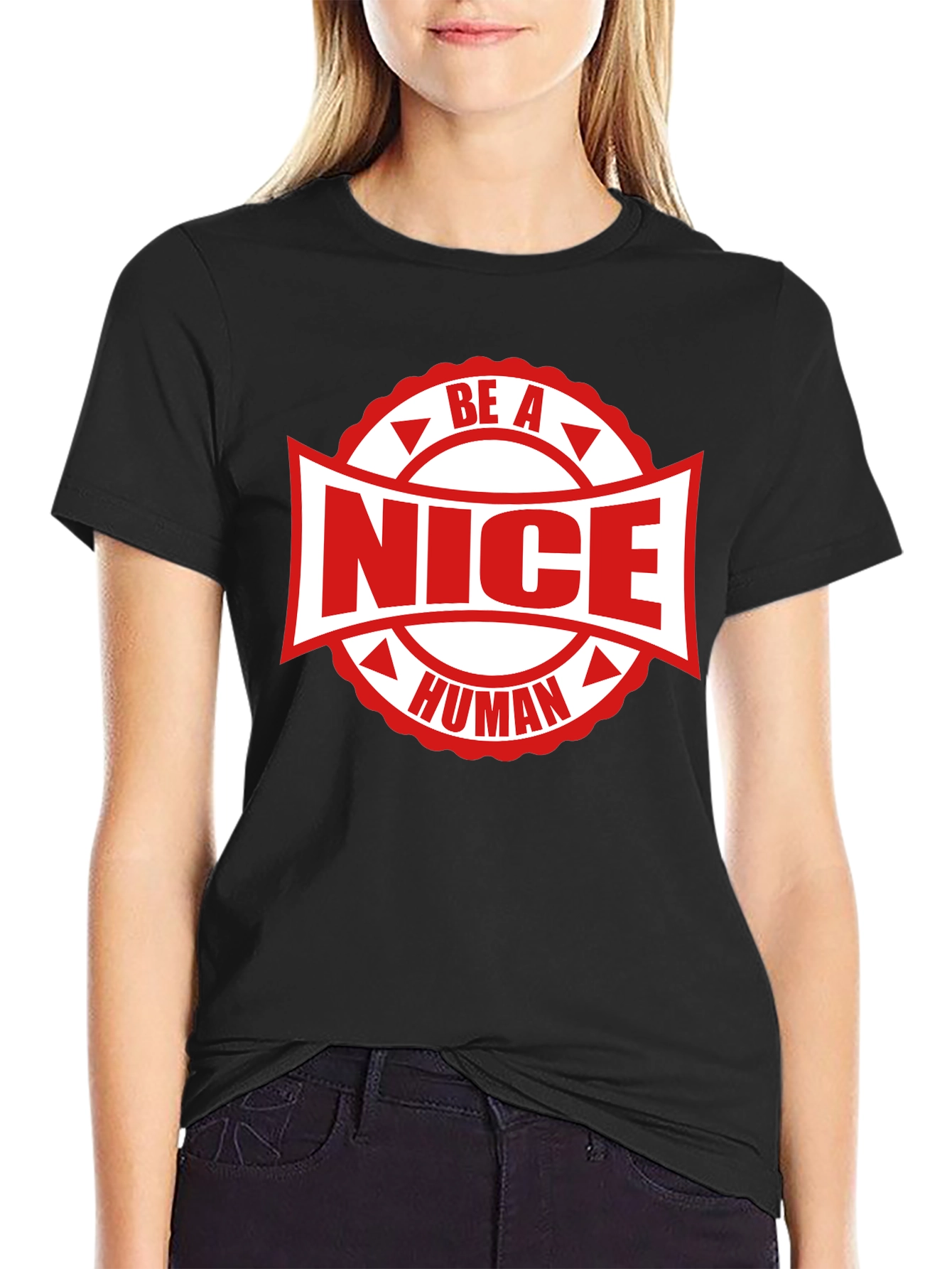 Black Be A Nice Human Graphic Tee - Black Cotton T-Shirt view 2