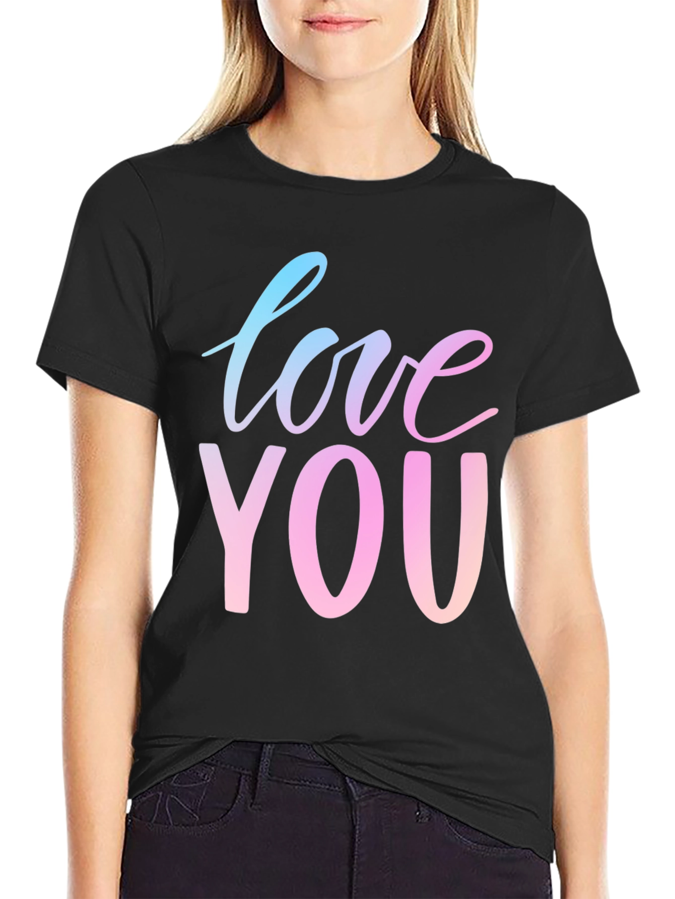Black Love You Graphic Tee - Gradient Text, Black Shirt view 2