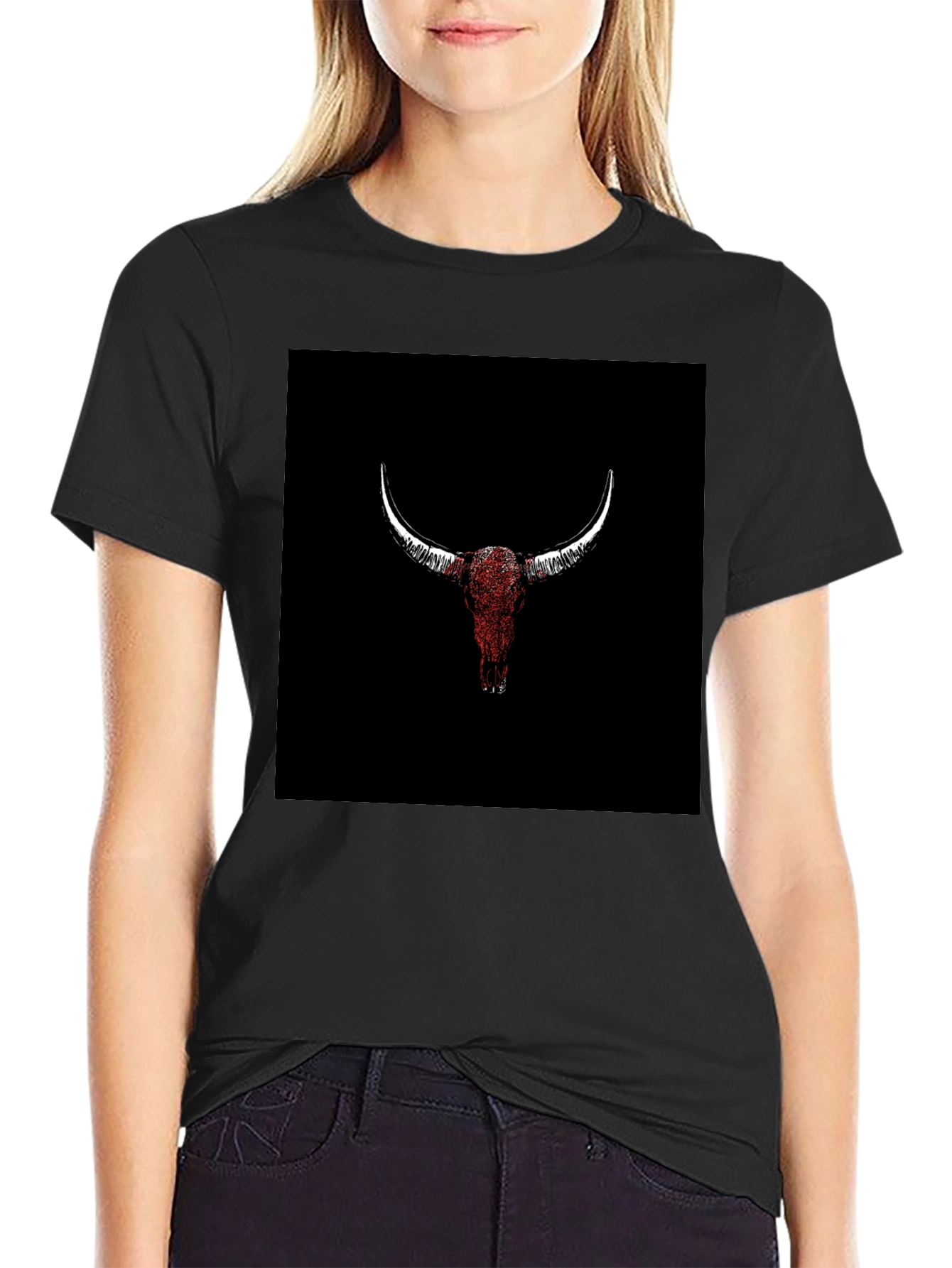 Black Bull Skull Graphic Tee - Black Cotton T-Shirt view 2