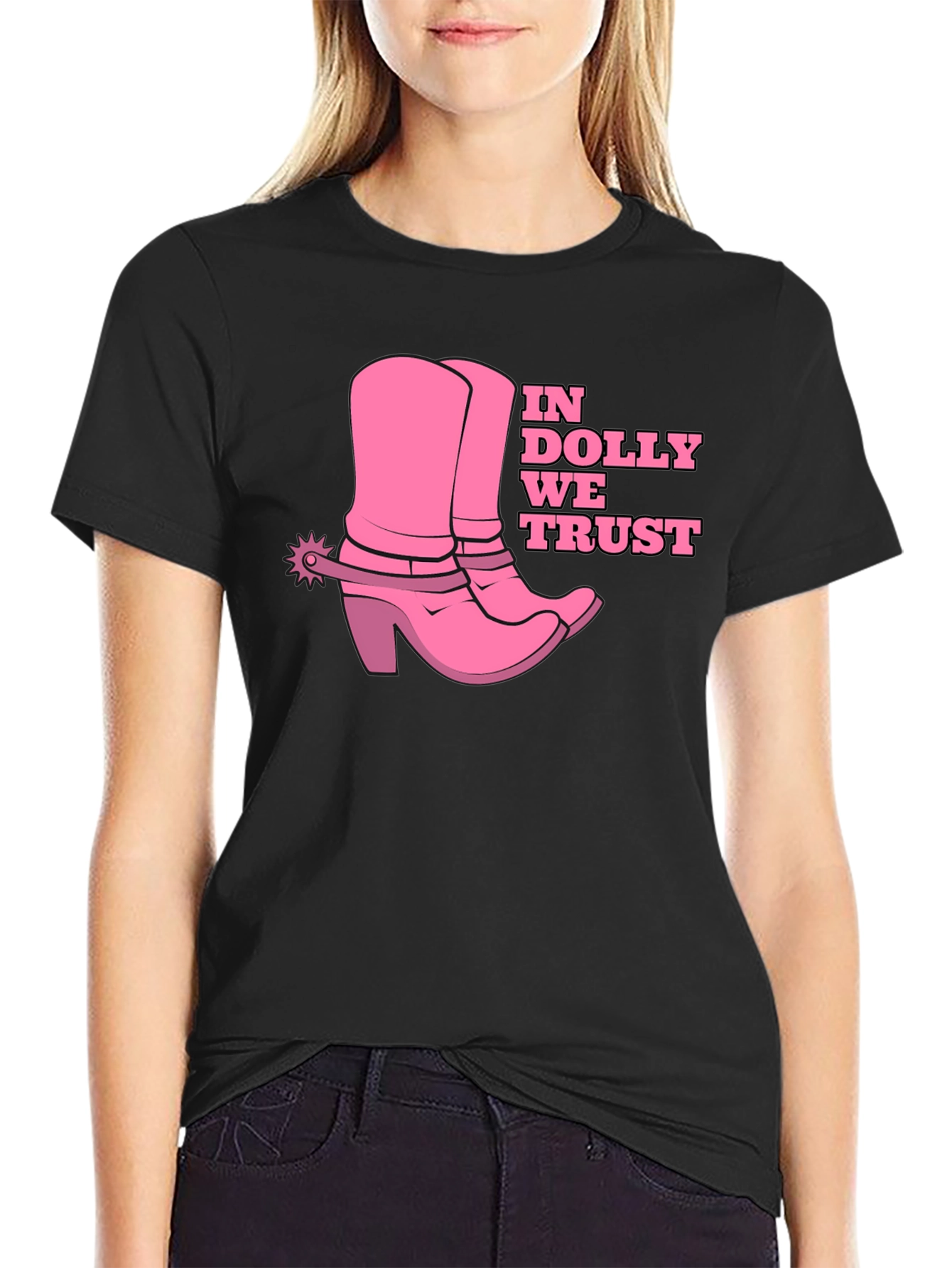 Black In Dolly We Trust T-Shirt - Cowboy Boots Graphic Tee view 2