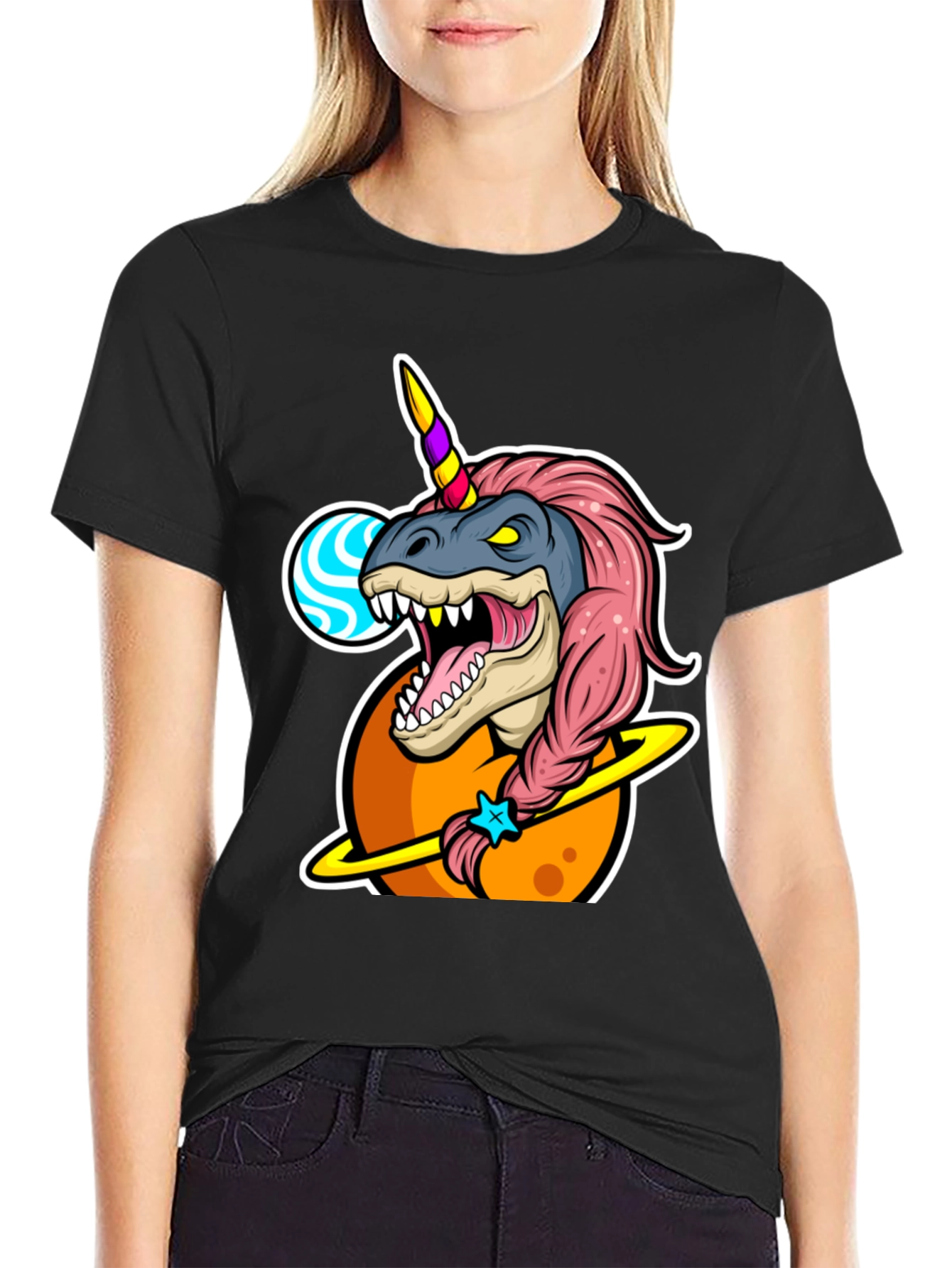 Black Dino Unicorn T-Shirt - Black Cotton Blend view 2