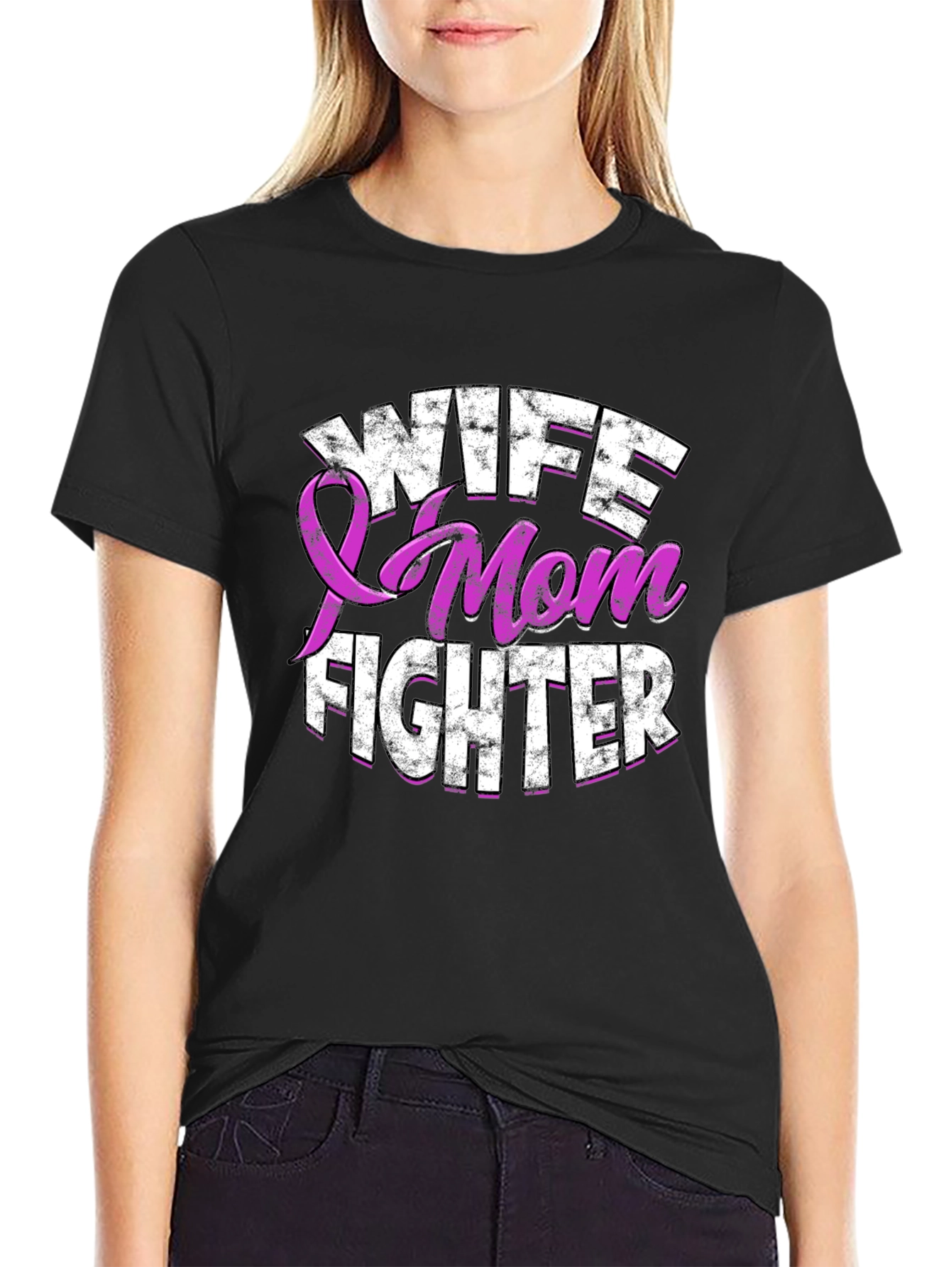 Black Wife Mom Fighter T-Shirt Breast Cancer Awareness view 2