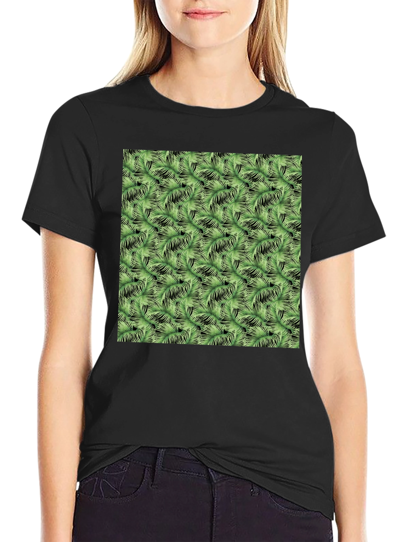 Black Tropical Green Leaf Print Black T-Shirt view 2