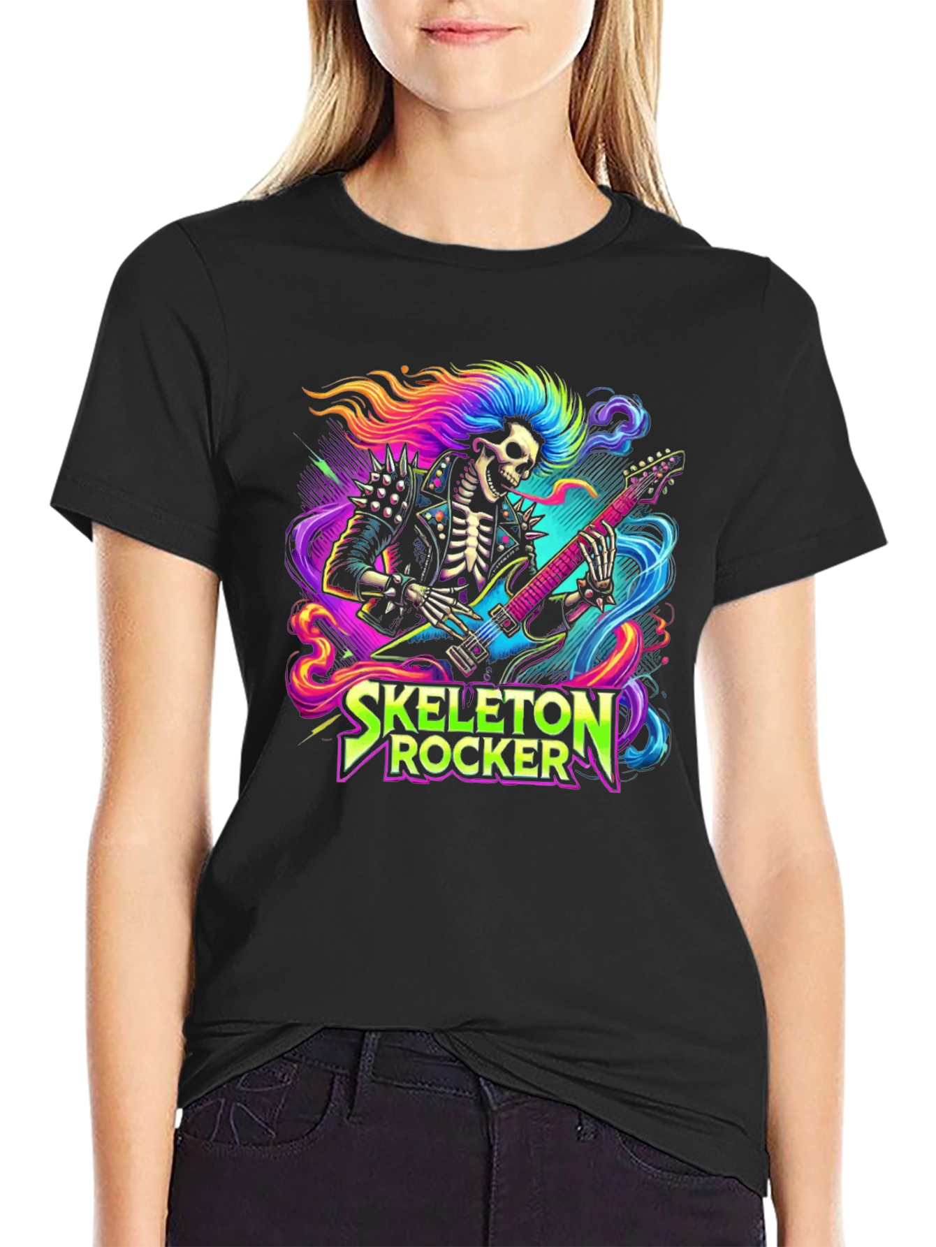 Black Skeleton Rocker T-Shirt - Neon Punk Design view 2