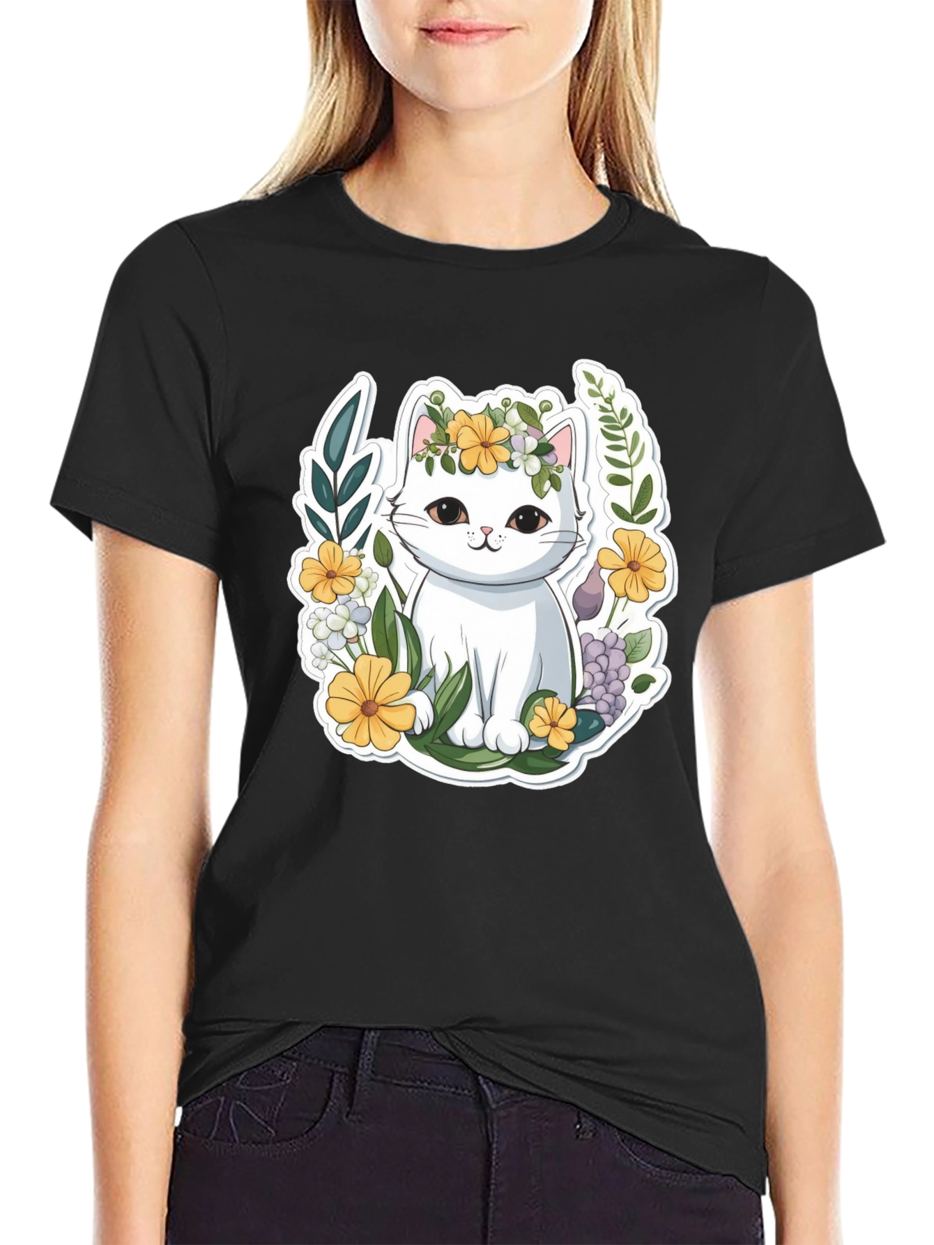 Black Cute Cat Floral Wreath Graphic Tee view 2