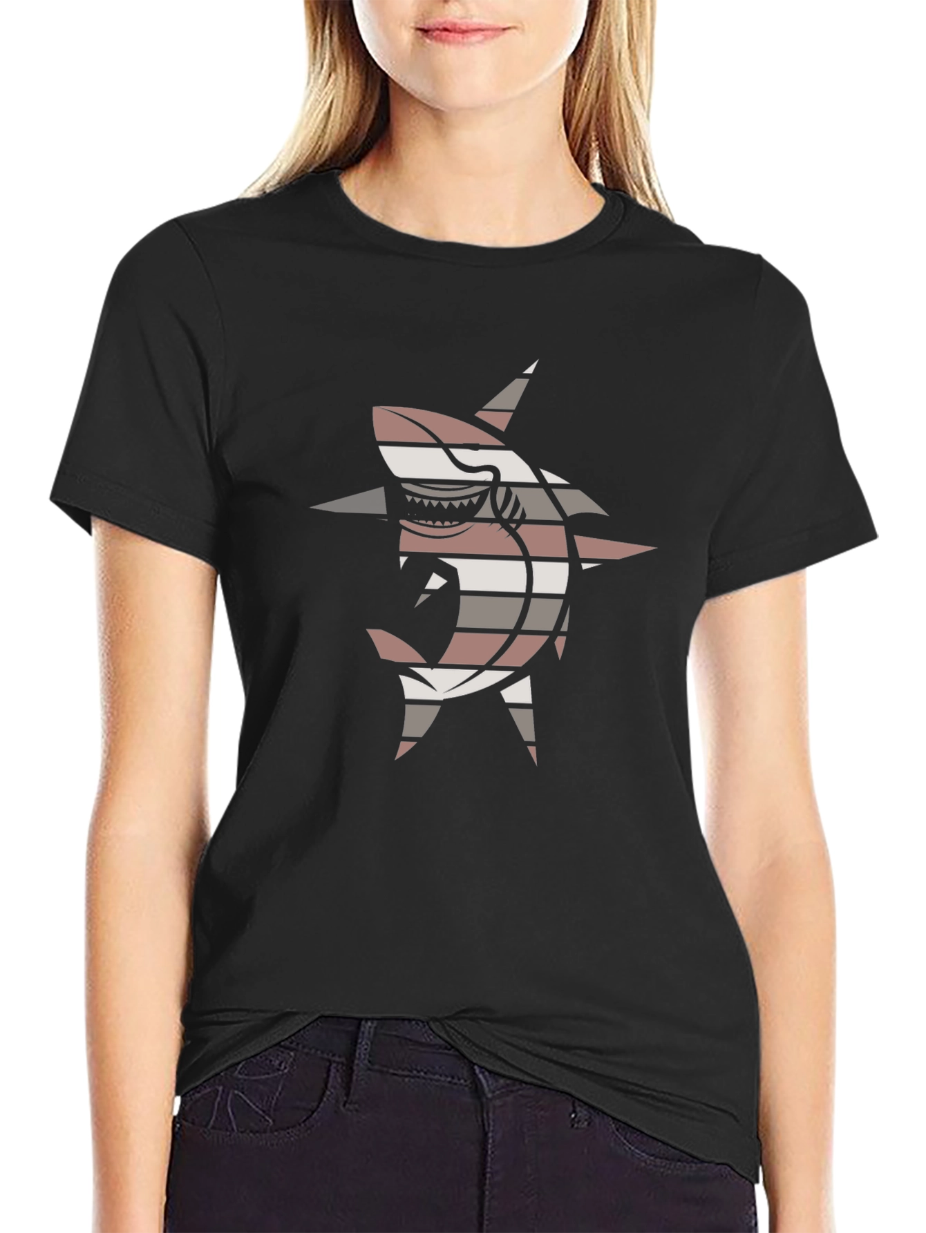 Black Striped Shark Graphic Tee - Black Casual T-Shirt view 2
