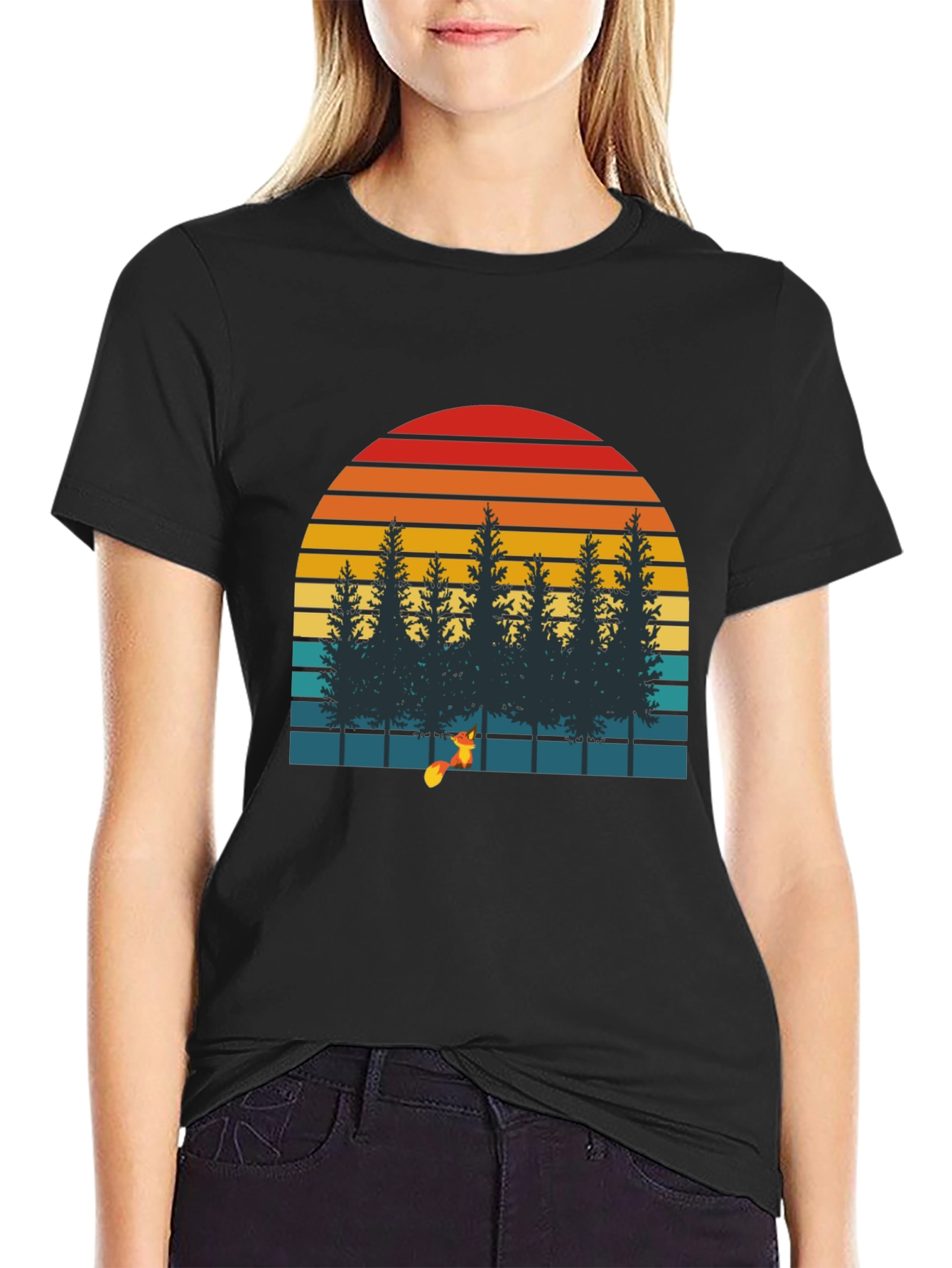 Black Retro Sunset Forest Fox Graphic T-Shirt view 2