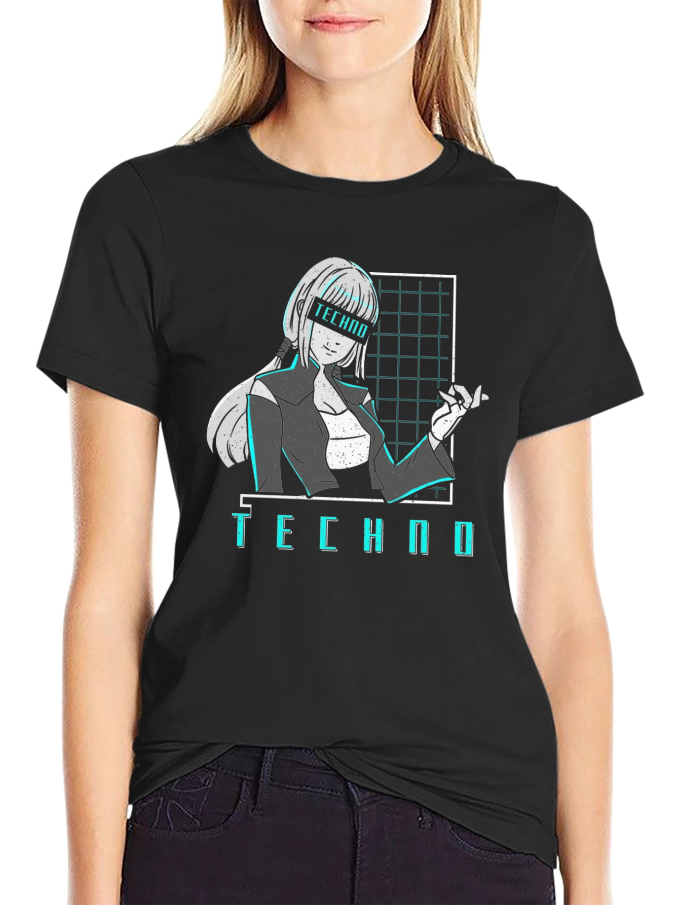 Black Techno Anime Girl T-Shirt - Cyberpunk Aesthetic Black Tee view 2