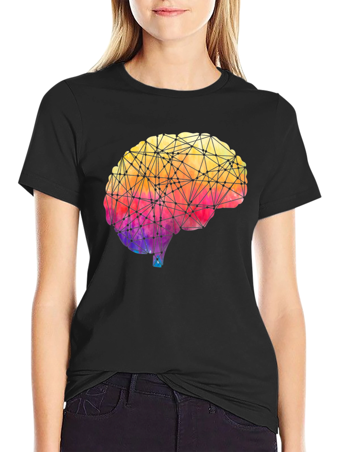 Black Geometric Brain Graphic Tee - Colorful Mind T-Shirt view 2