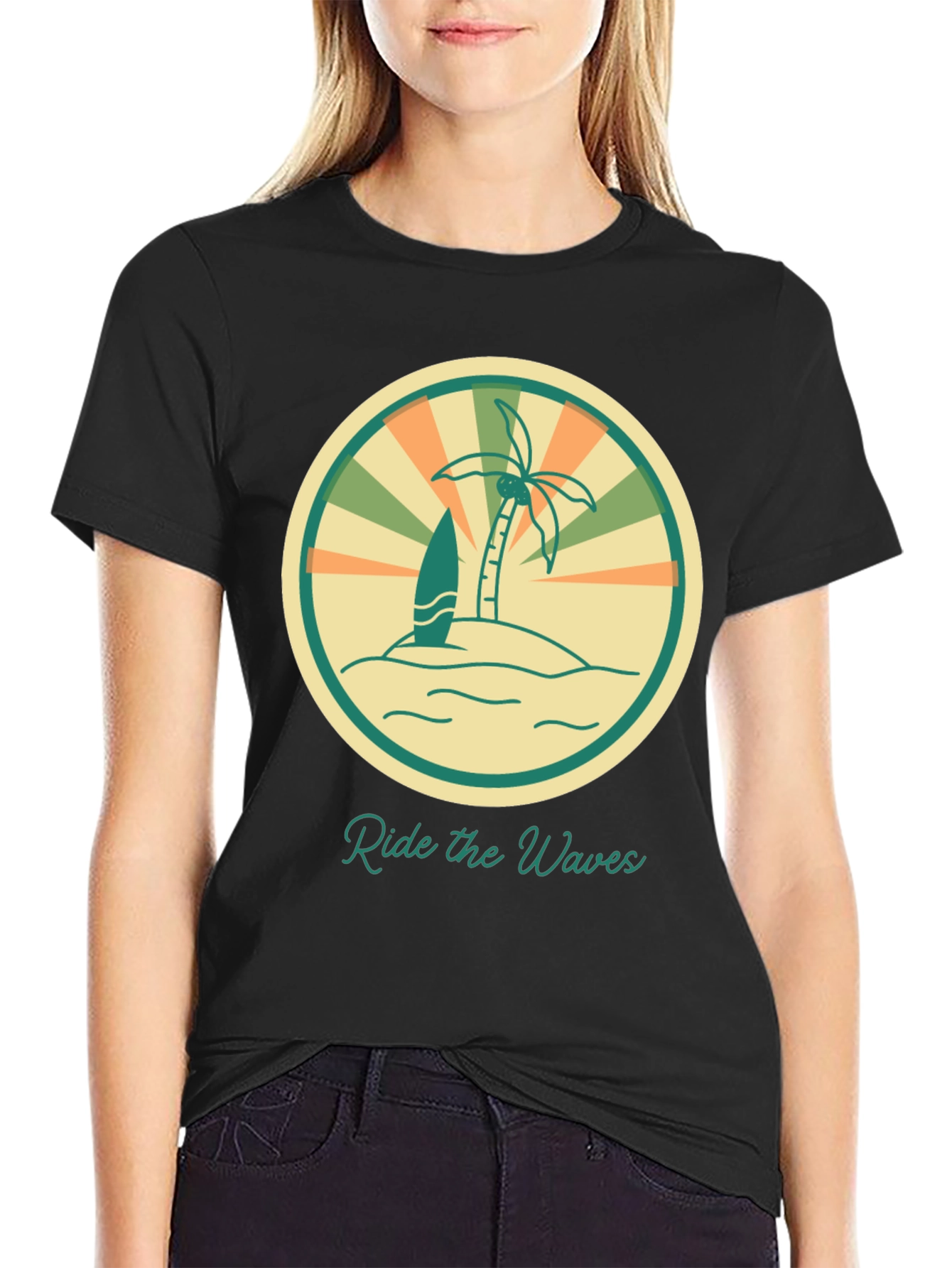 Black Ride the Waves Graphic Tee - Retro Surf Vibes view 2