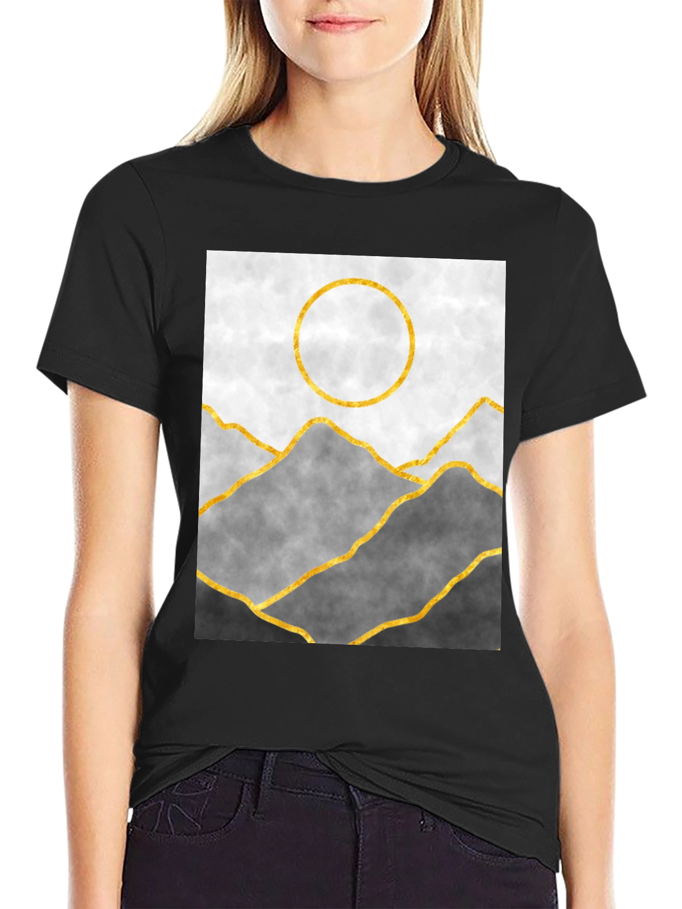 Black Abstract Mountain Gold Line Art Graphic Tee view 2