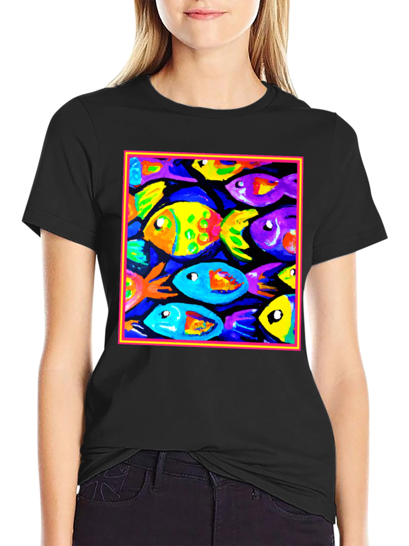Black Colorful Fish Art Graphic T-Shirt view 2