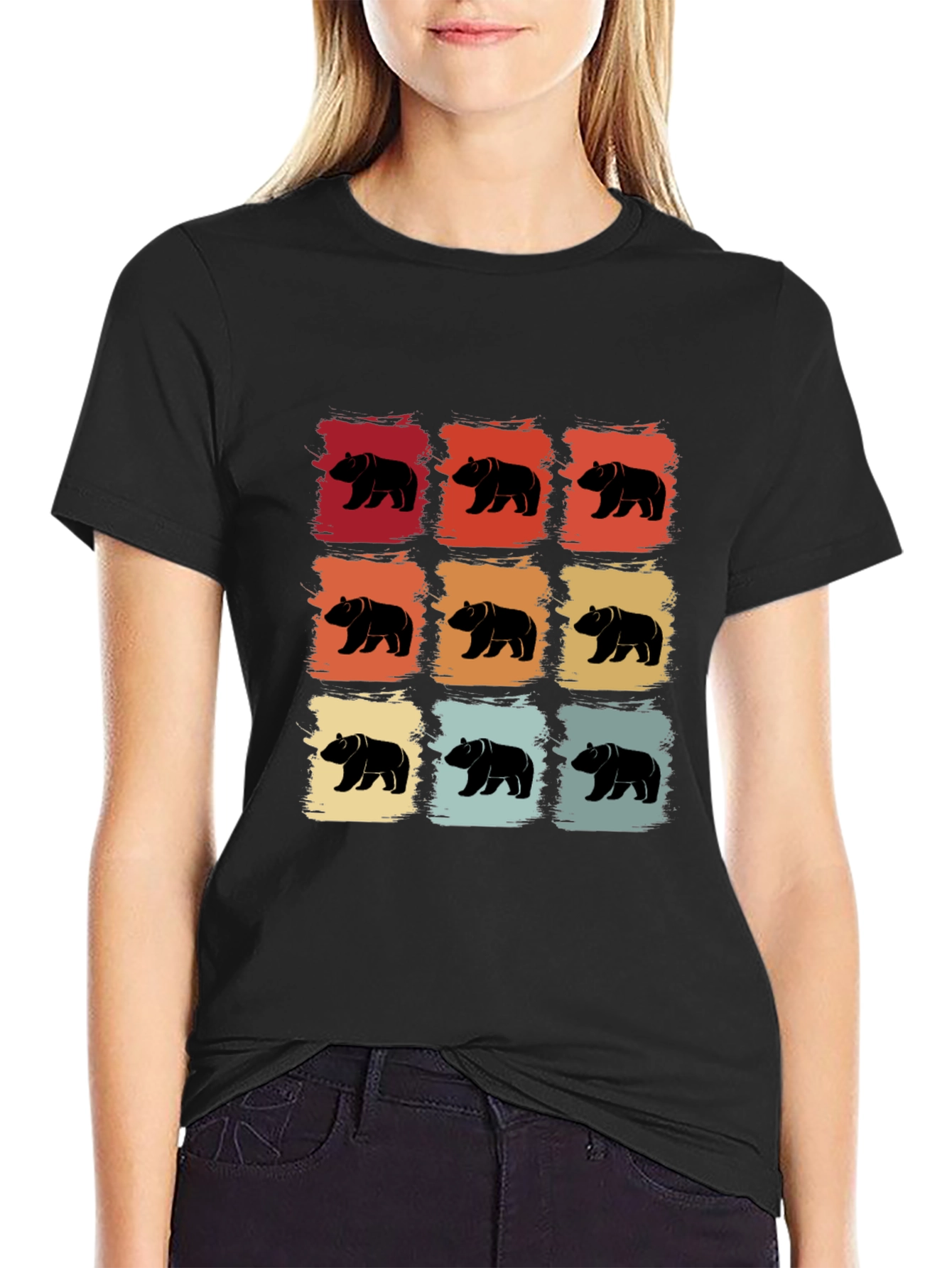 Black Retro Bear Pattern T-Shirt - Cool Graphic Tee view 2
