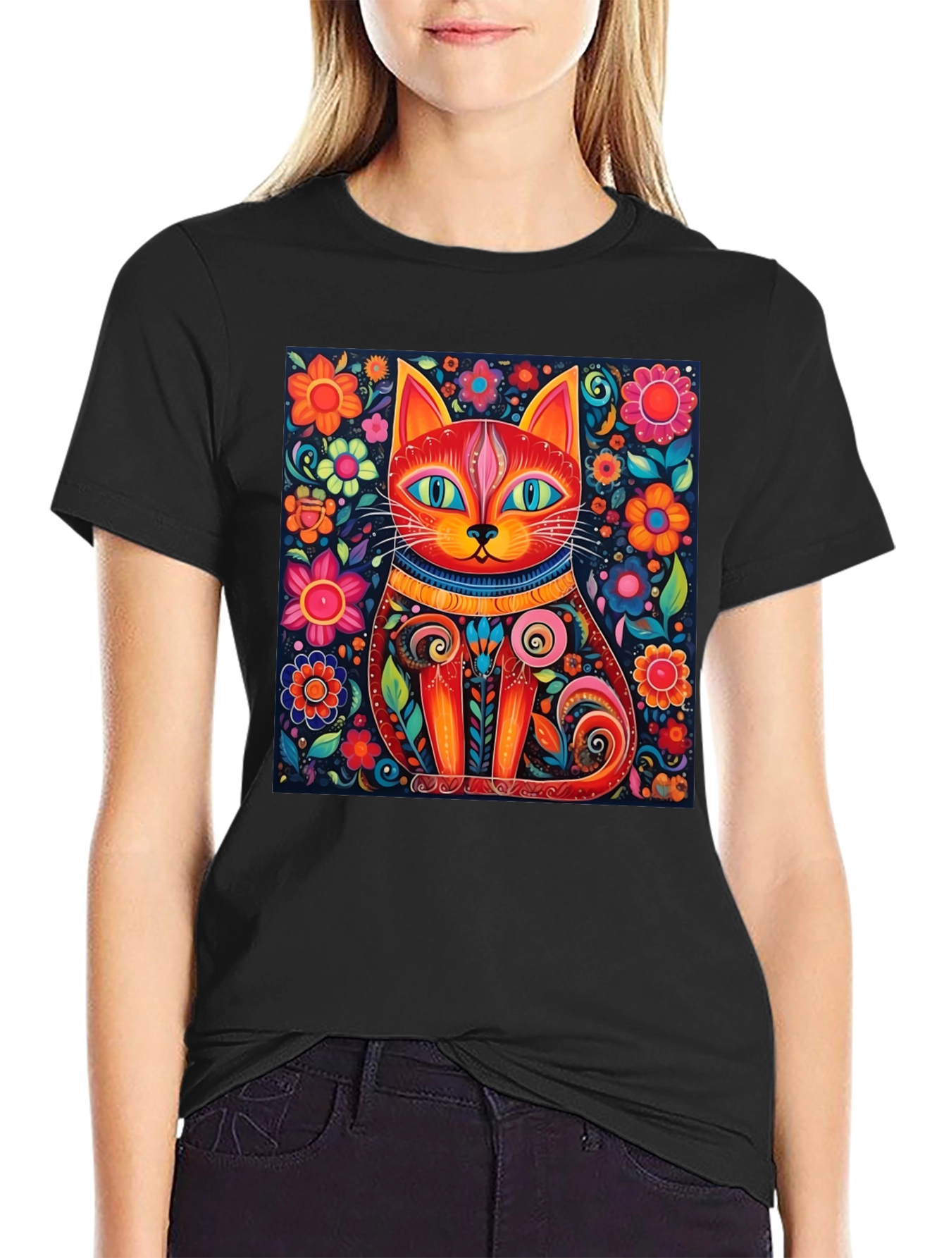 Black Colorful Cat Art T-Shirt - Whimsical Floral Feline Design view 2