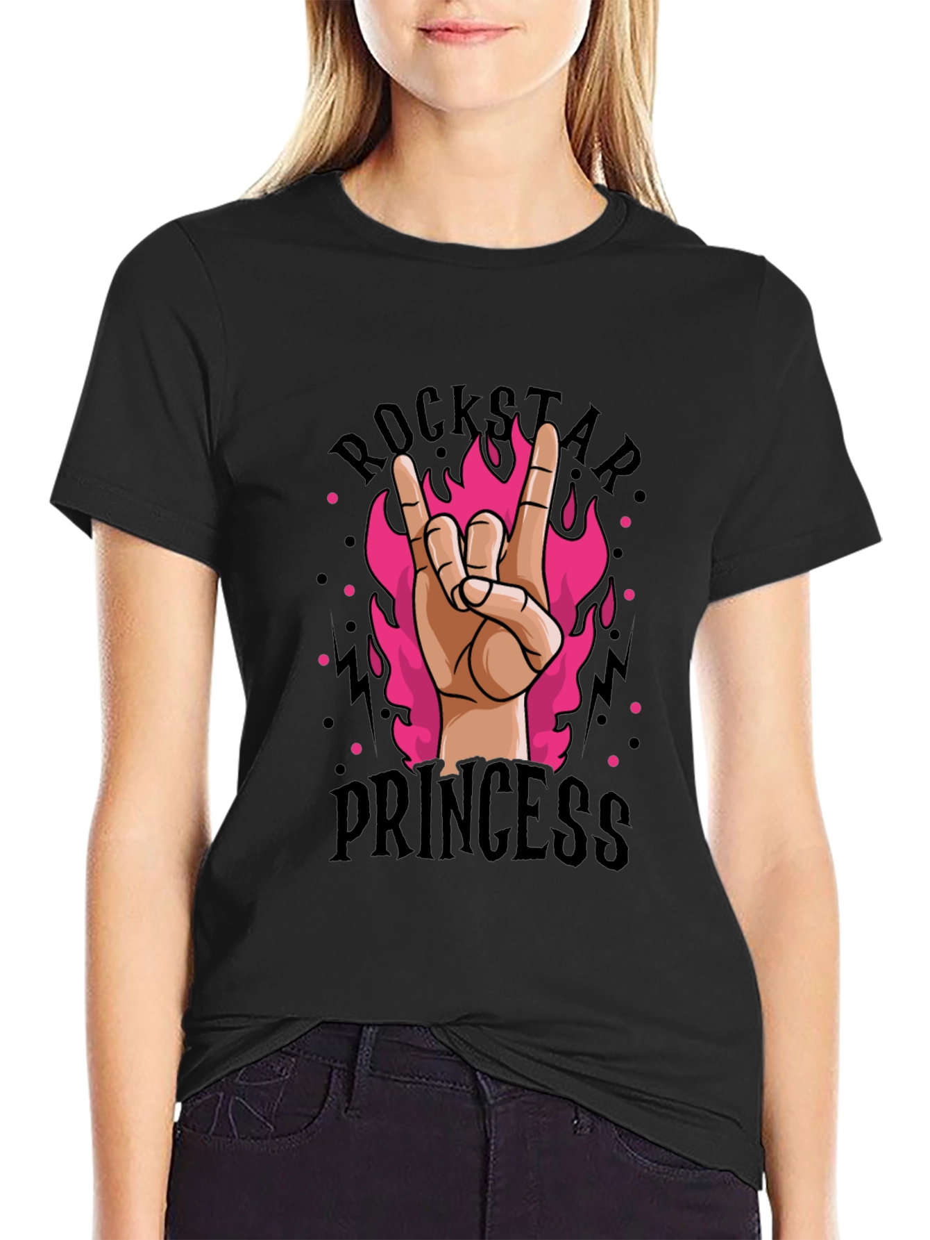 Black Rockstar Princess Graphic Tee - Black Cotton T-Shirt view 2