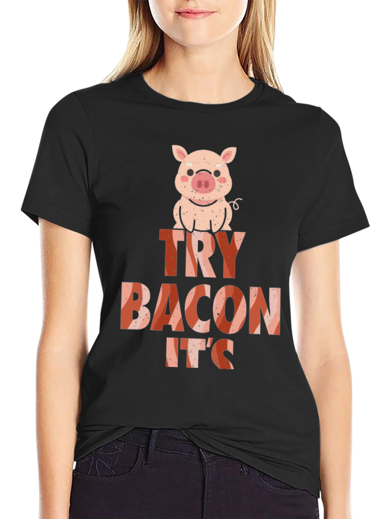 Black Funny Try Bacon It's Pig Black T-Shirt view 2