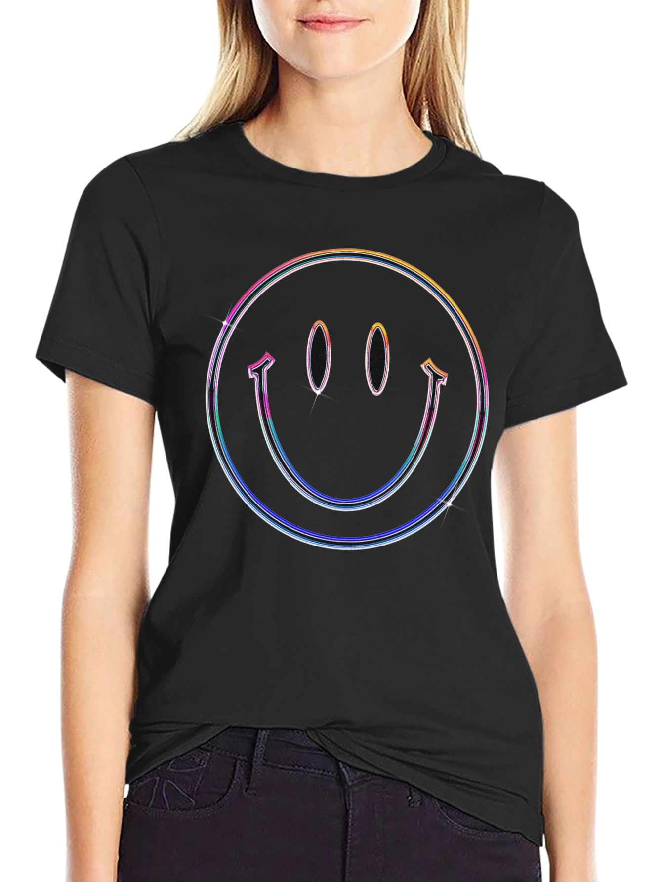 Black Retro Smiley Face Graphic Tee - Black Cotton Blend view 2