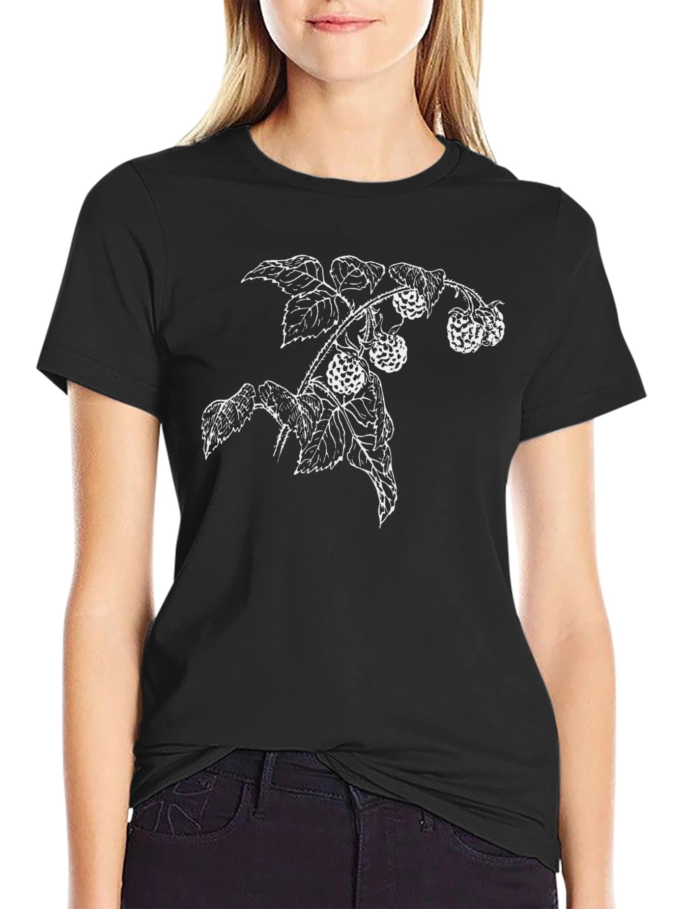 Black Botanical Raspberry Branch Black T-Shirt view 2