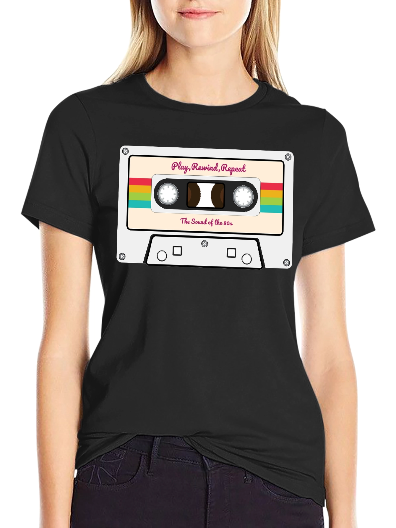 Black Retro 80s Cassette Tape Graphic Tee - Play Rewind Repeat view 2