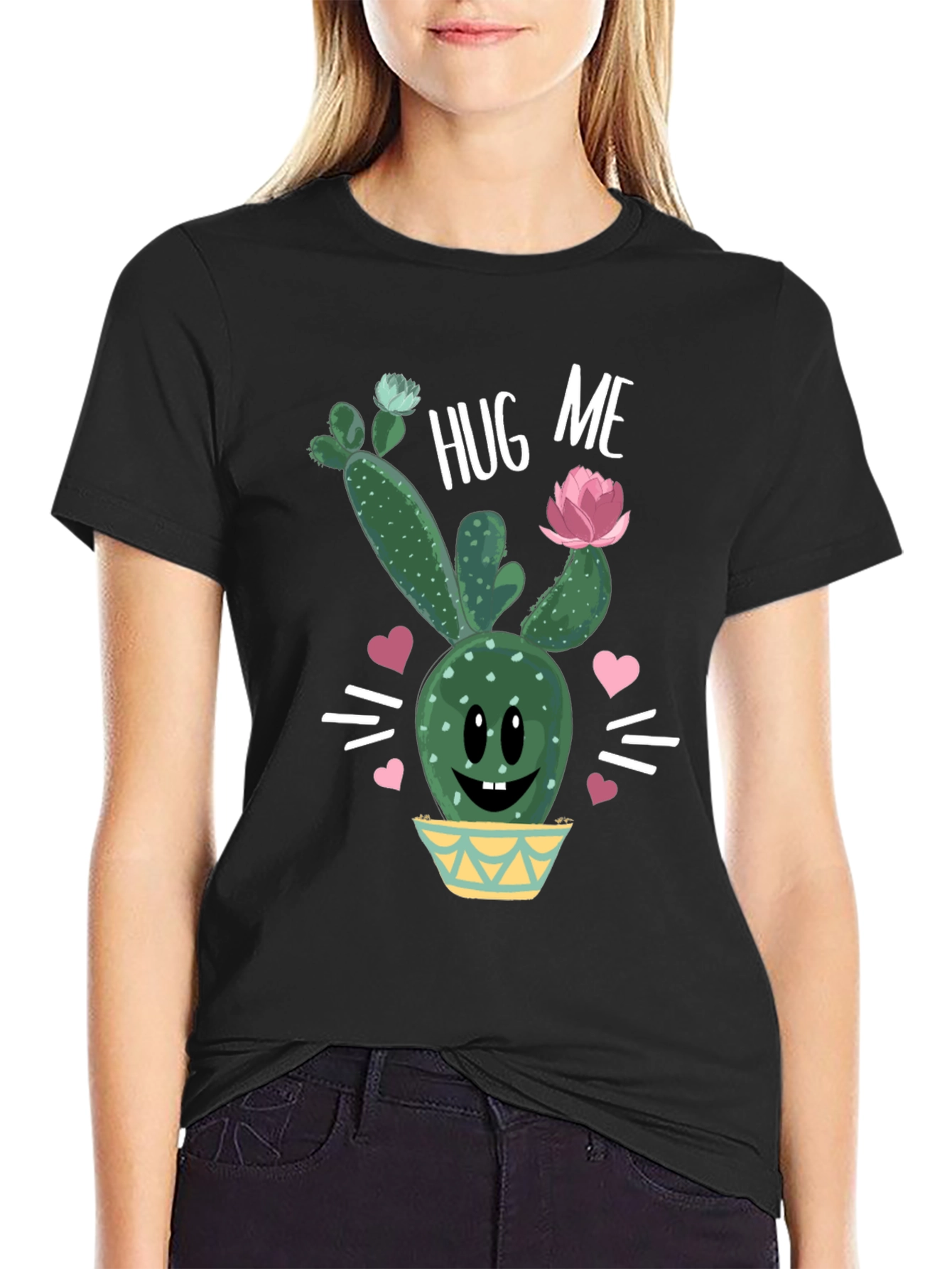 Black Hug Me Cactus T-Shirt - Cute Graphic Tee view 2