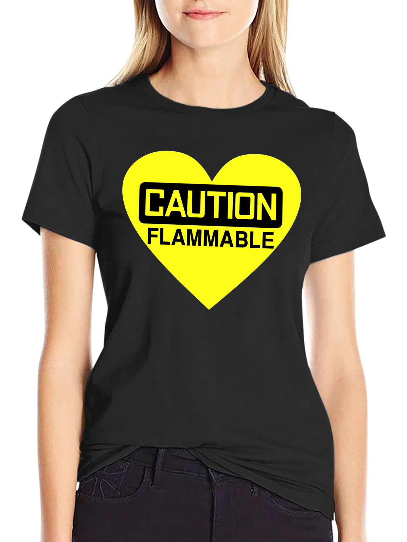 Black Caution Flammable Heart T-Shirt - Black Cotton Blend Tee view 2