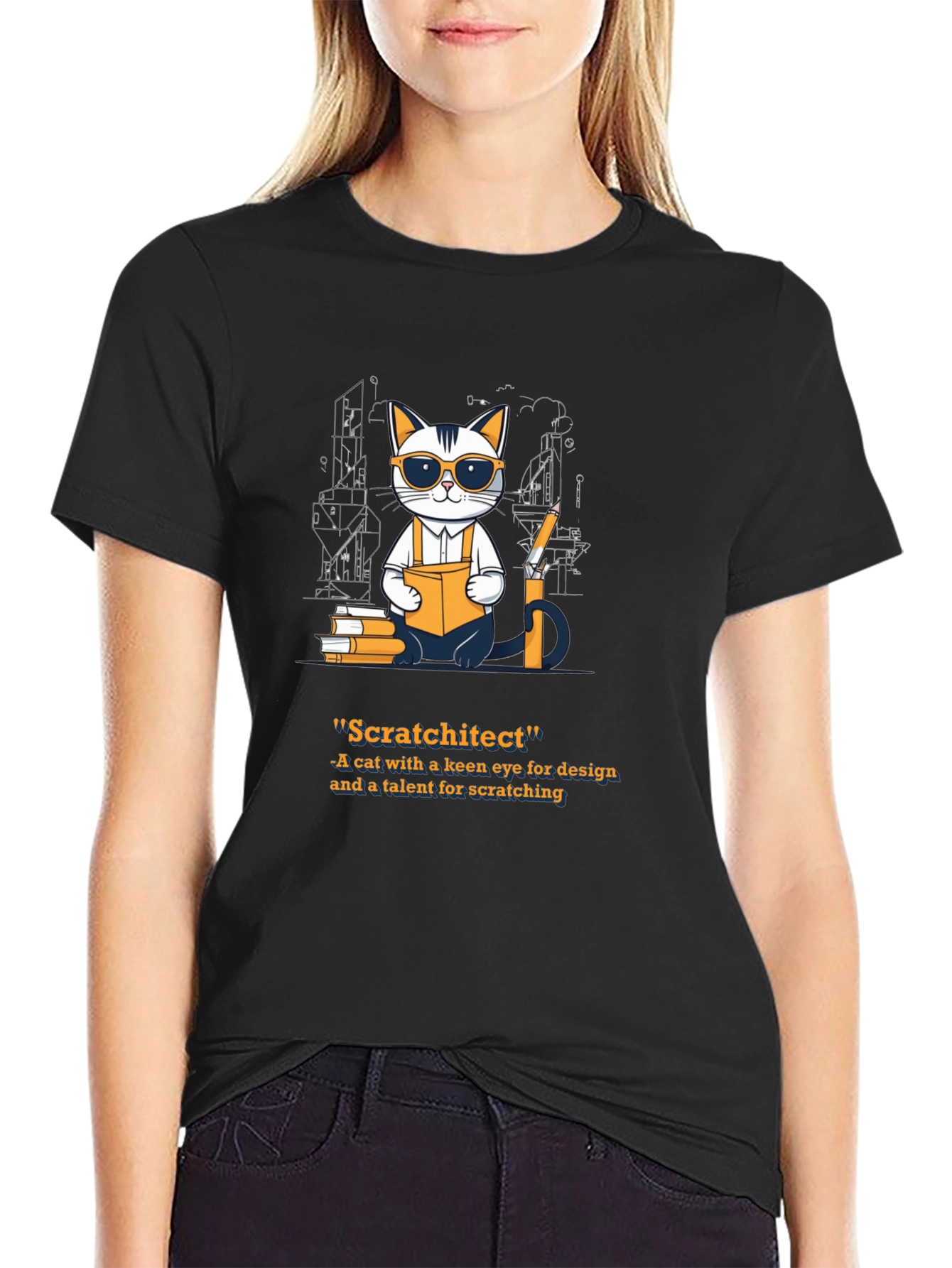 Black Scratchitect T-Shirt - Cat Architect Design view 2