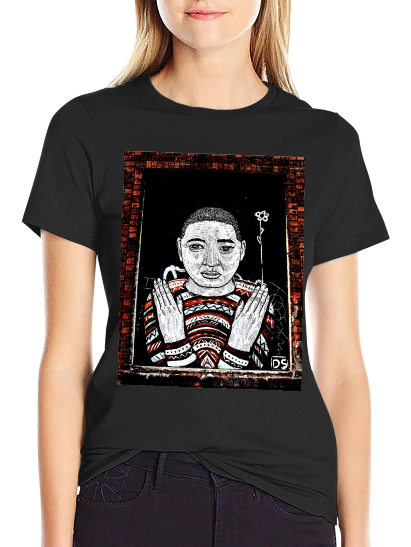 Black Unique Graphic Print Tee - Artistic Portrait Design view 2