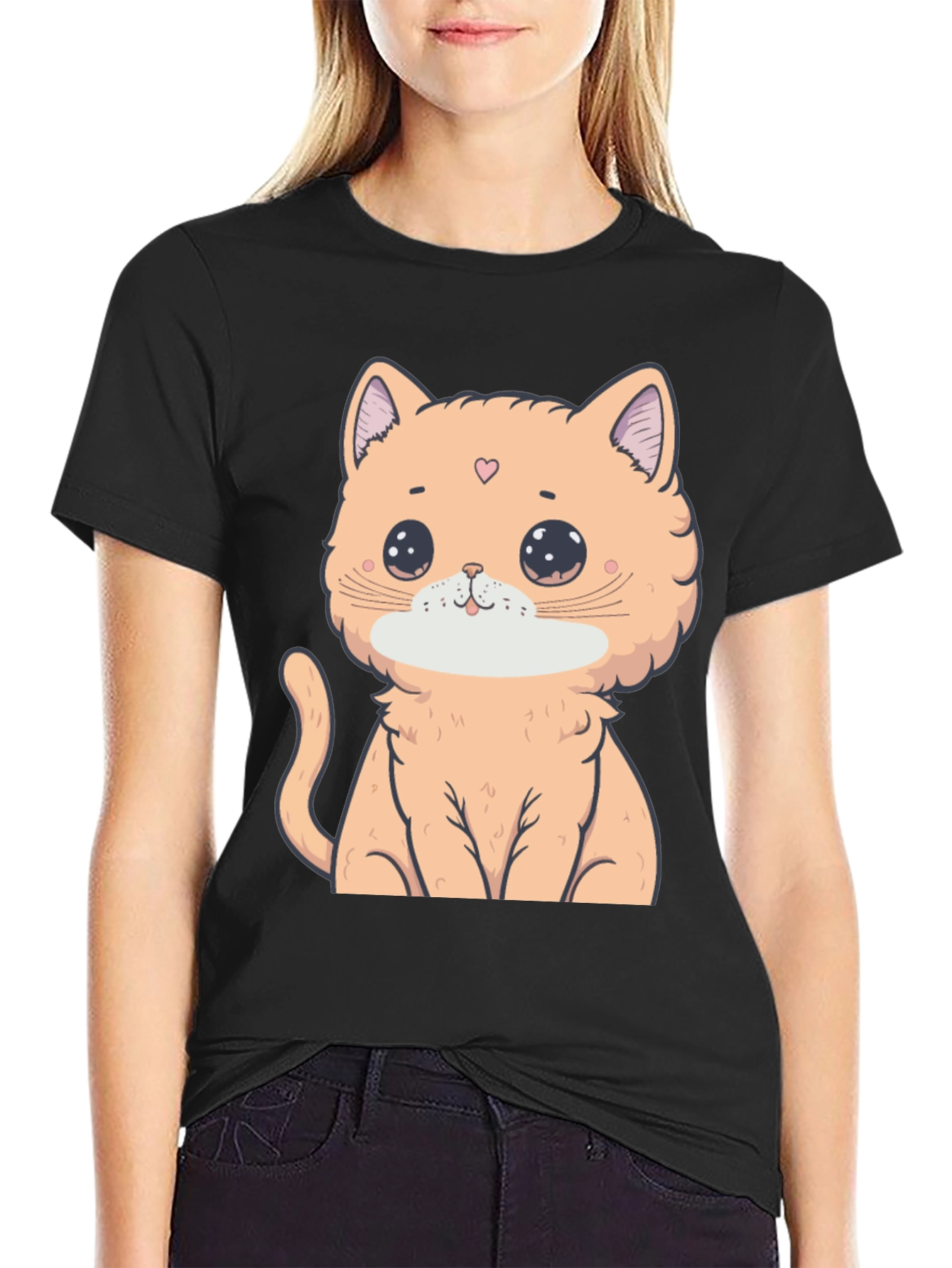 Black Cute Cartoon Cat Graphic Tee - Soft Cotton Comfort view 2