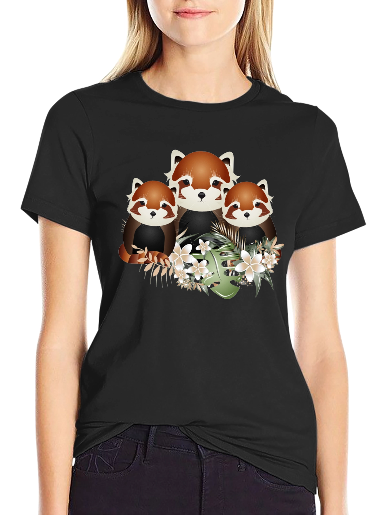 Black Red Panda Floral Graphic Black T-Shirt view 2
