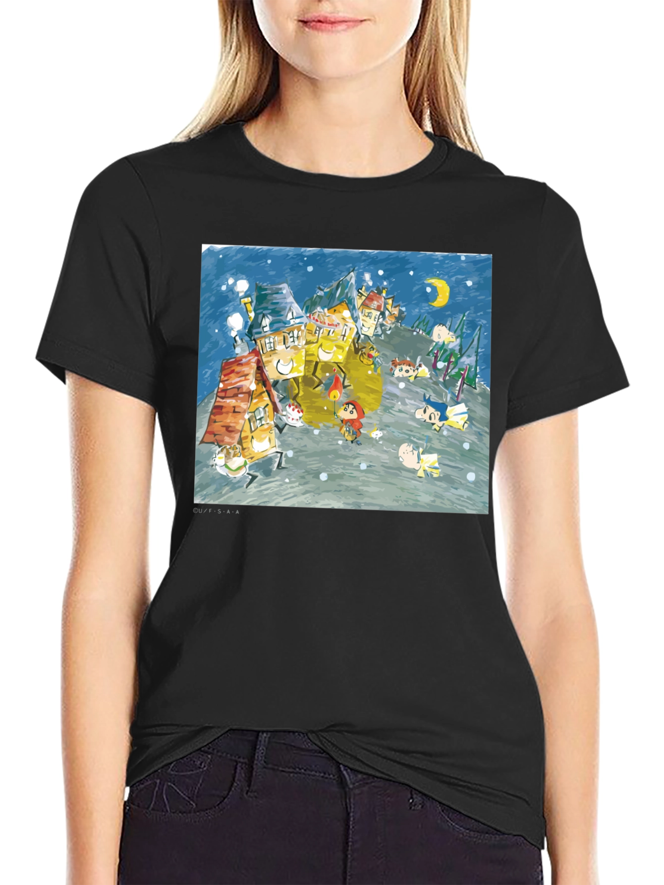 Black Whimsical Winter Village Graphic Tee - Black Cotton Blend view 2