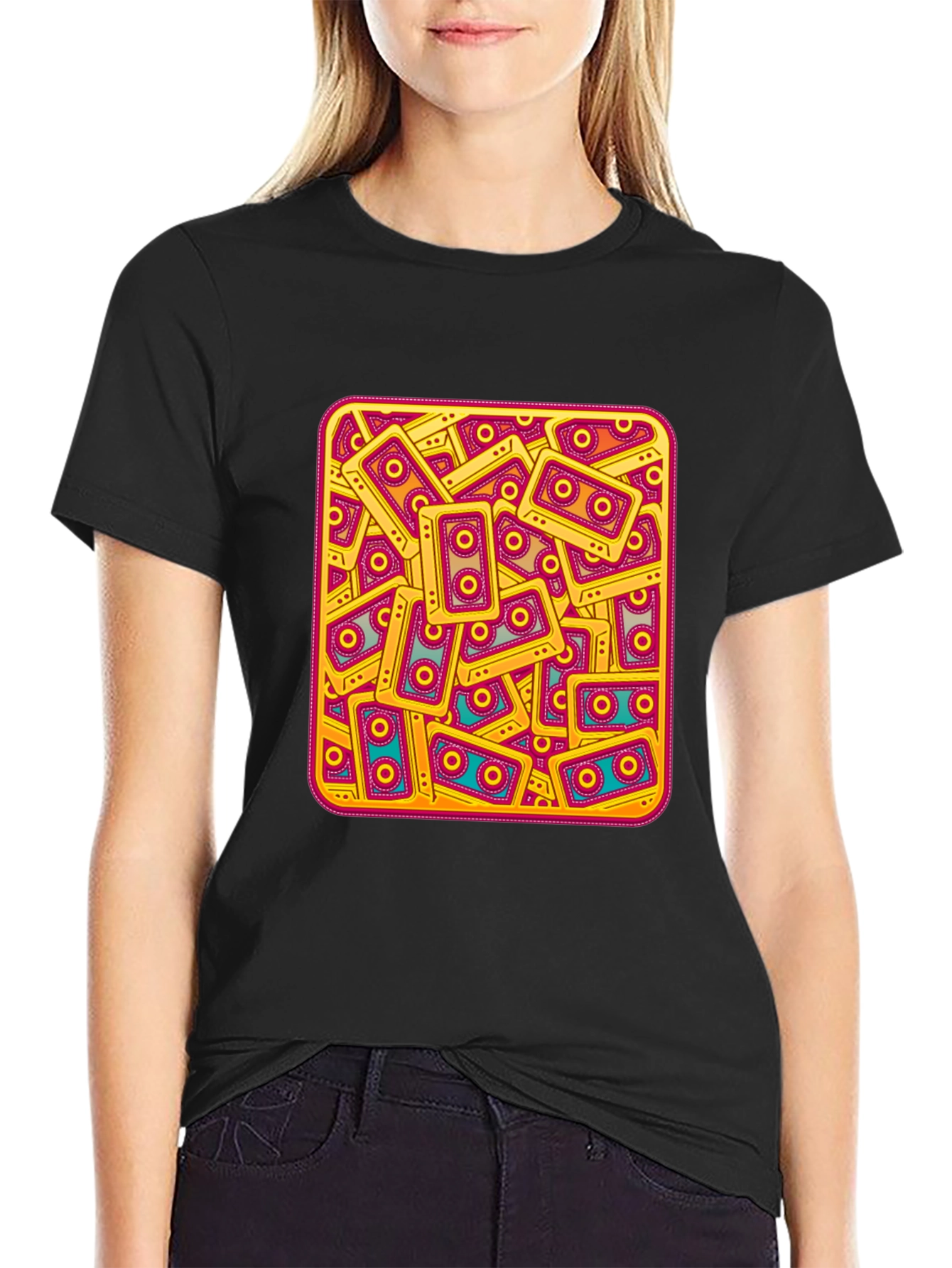 Black Retro Cassette Tape Pattern T-Shirt view 2