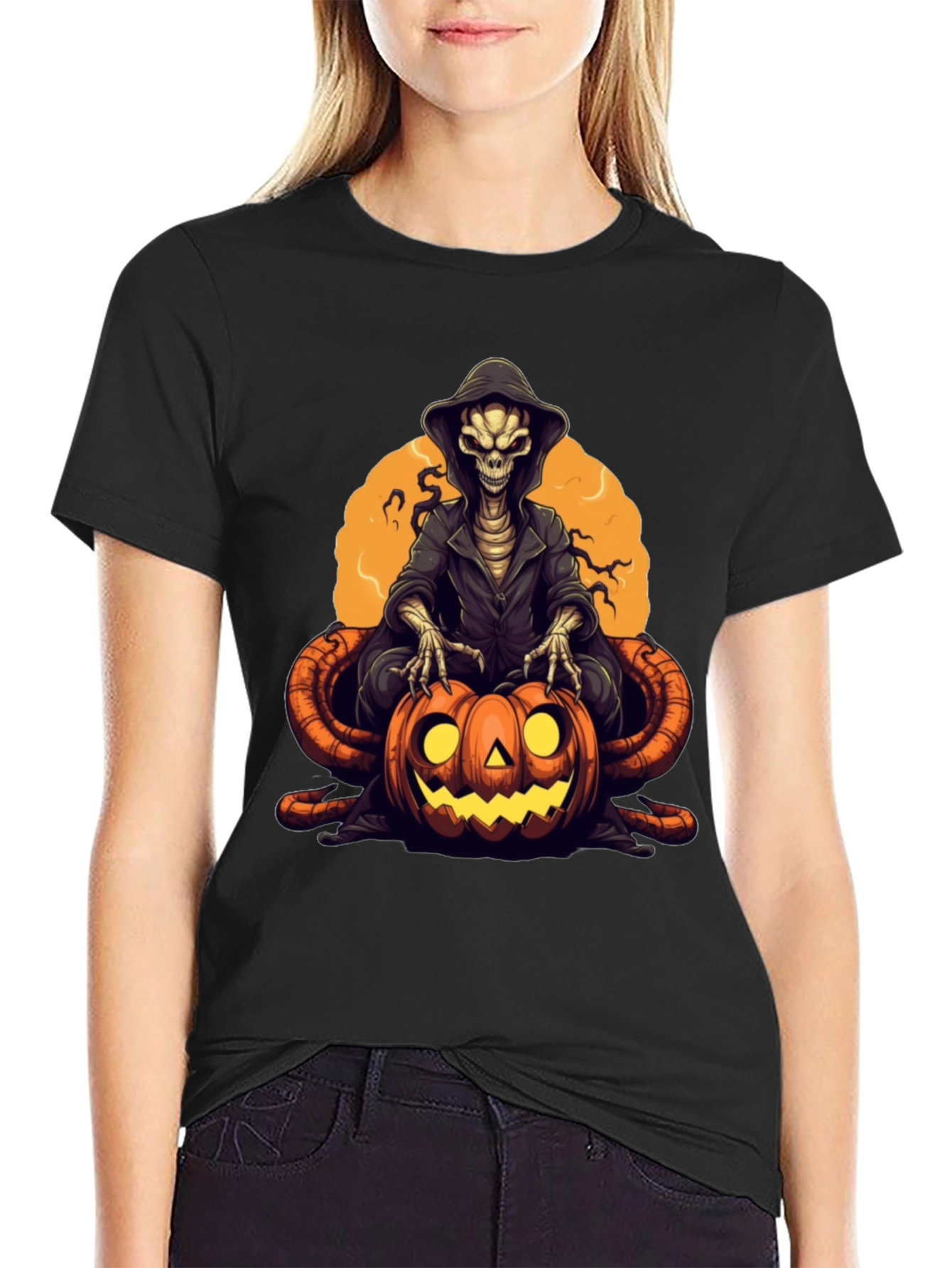 Black Grim Reaper Pumpkin Graphic Tee - Halloween Style view 2