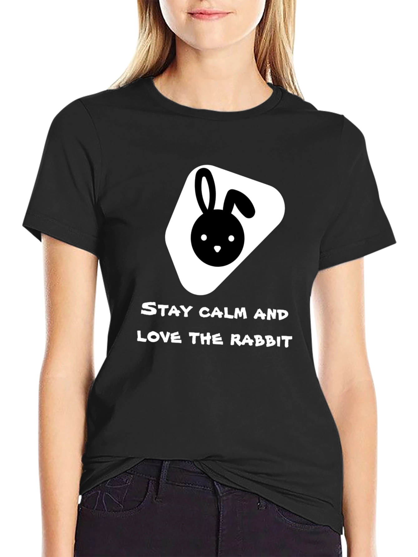 Black Stay Calm Love Rabbit Black T-Shirt view 2