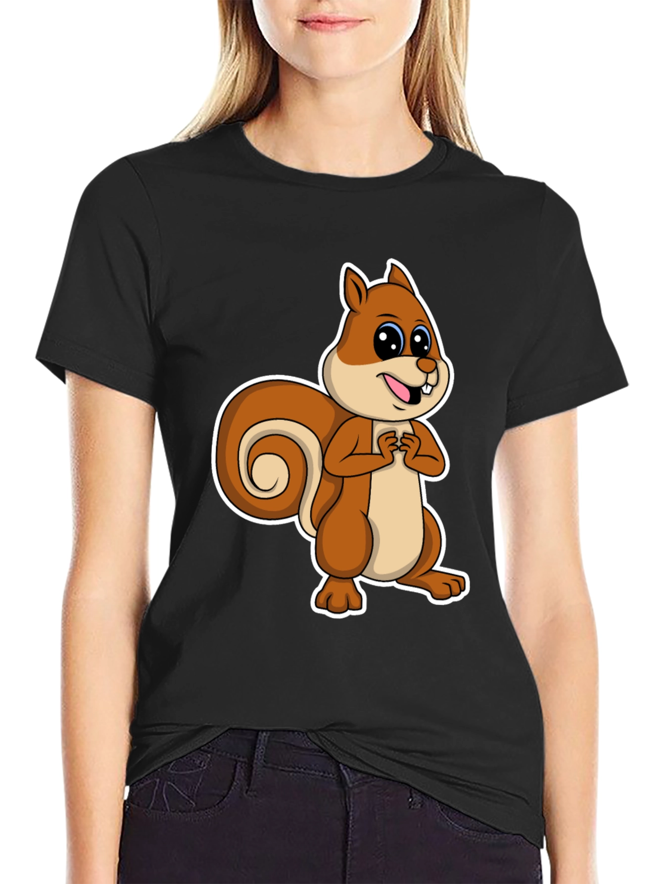 Black Cute Squirrel Graphic T-Shirt - Black Cotton Tee view 2