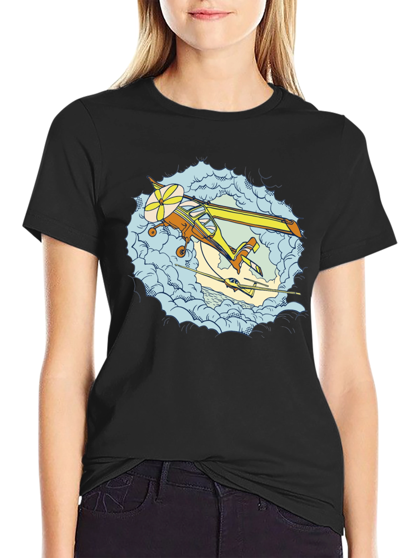 Black Vintage Plane Graphic Tee - Retro Aviation Shirt view 2