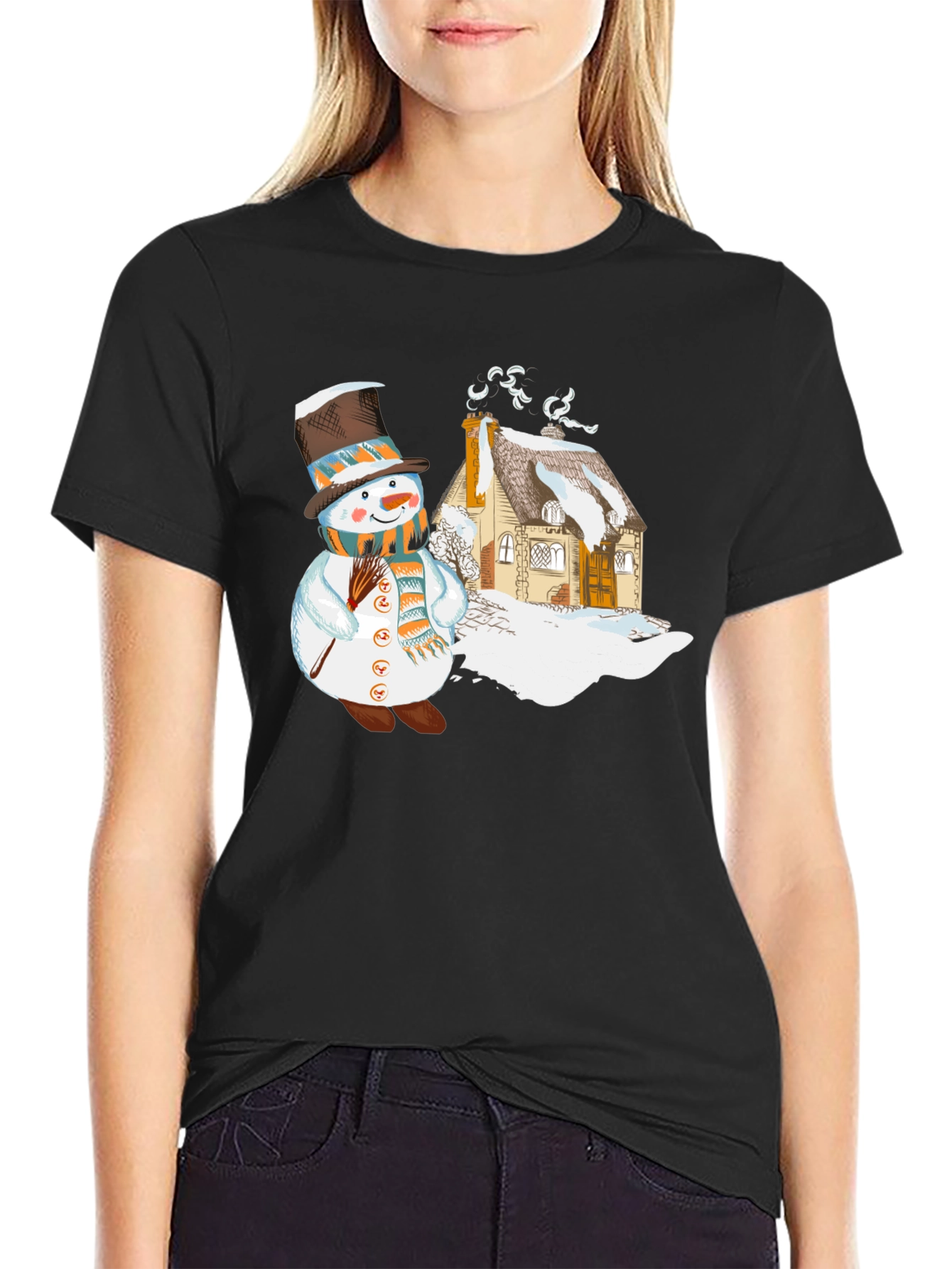 Black Snowman & Cottage Graphic T-Shirt view 2