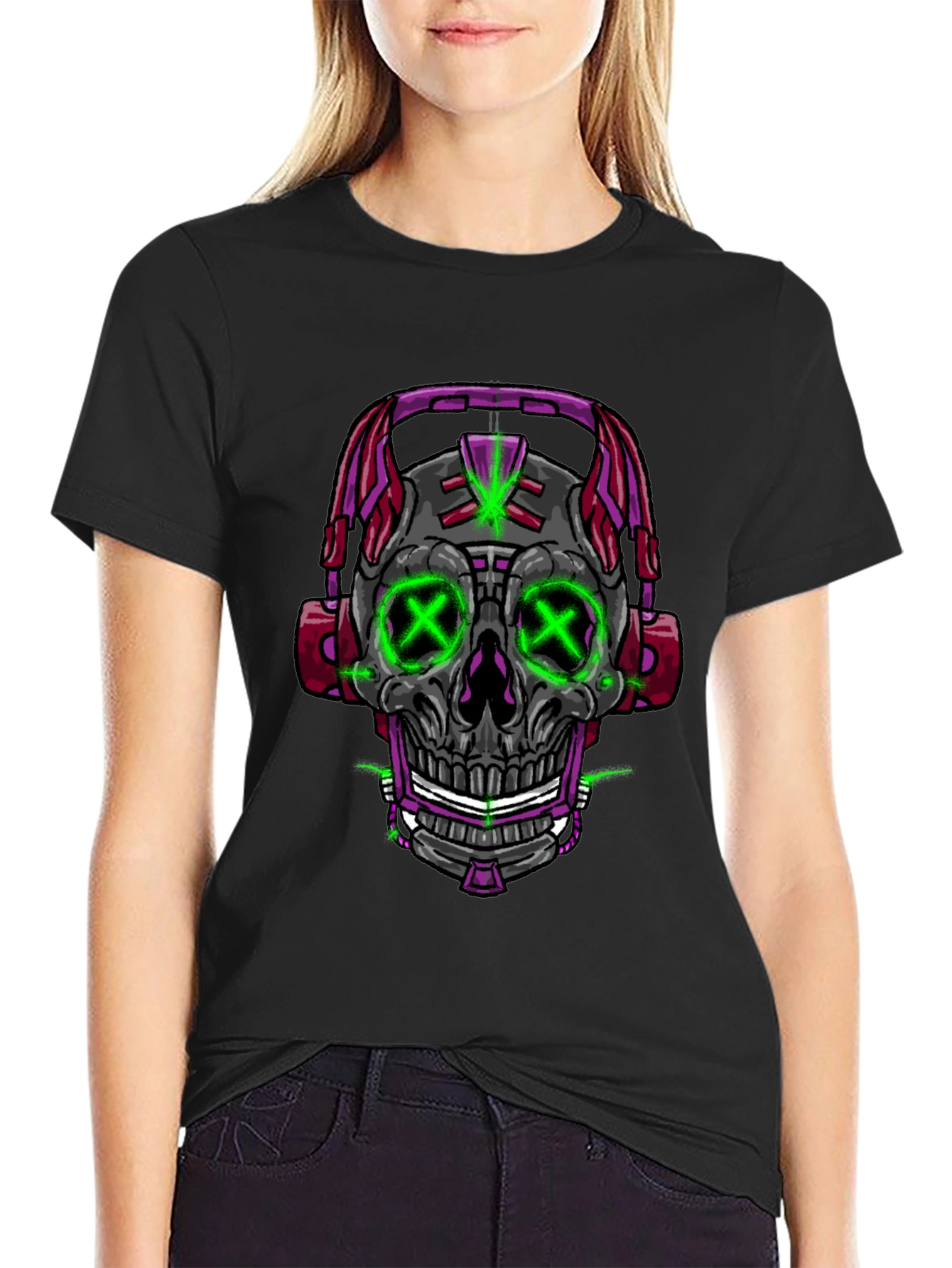 Black Skull Headphones Graphic Tee view 2