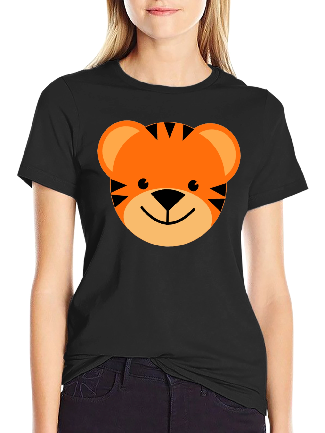 Black Cute Cartoon Tiger Graphic Tee - Black Cotton Blend view 2