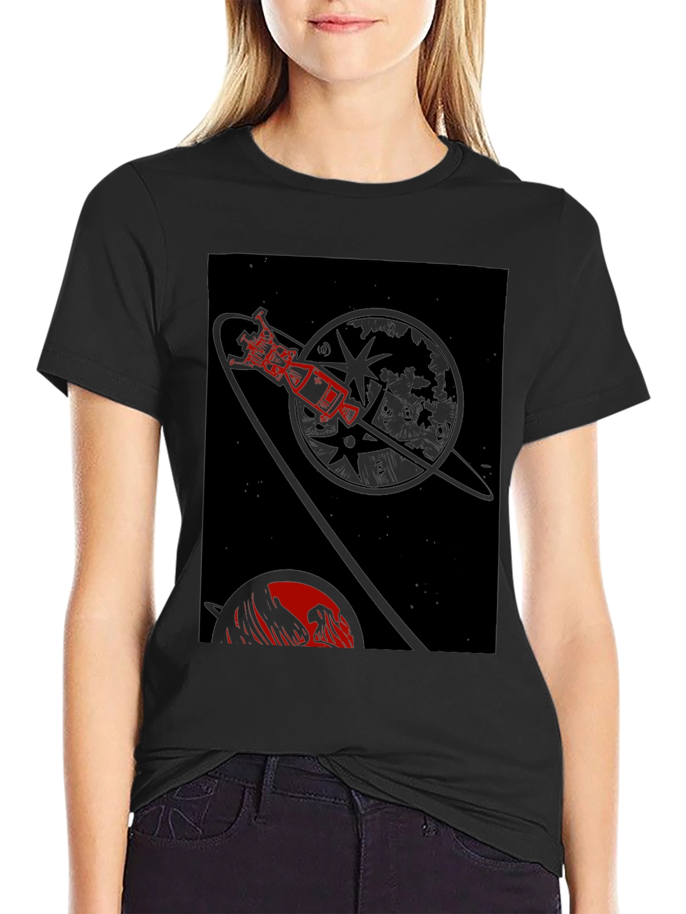 Black Space Travel Graphic Tee - Retro Rocket Design view 2