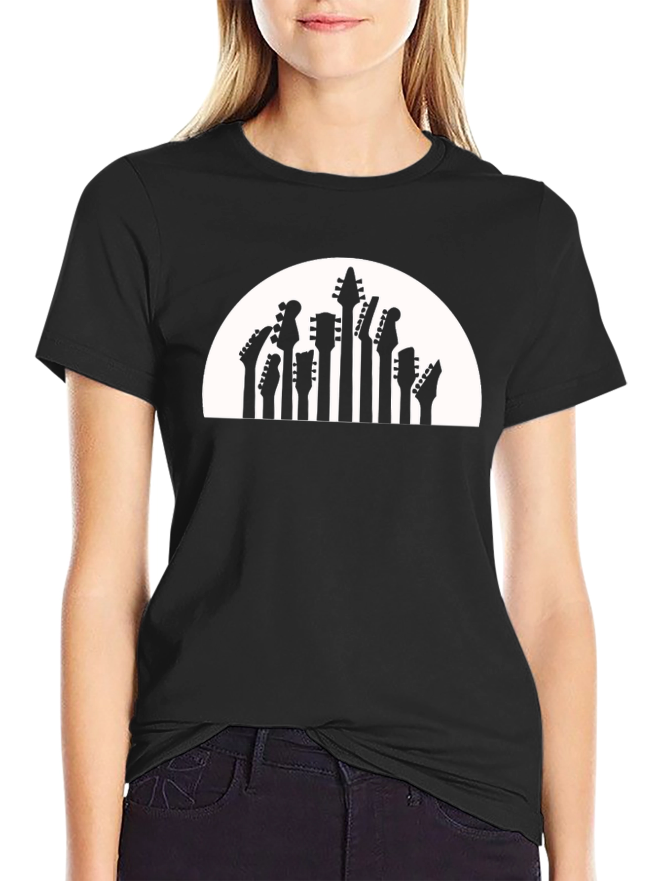 Black Guitar Head Skyline Black Graphic T-Shirt view 2