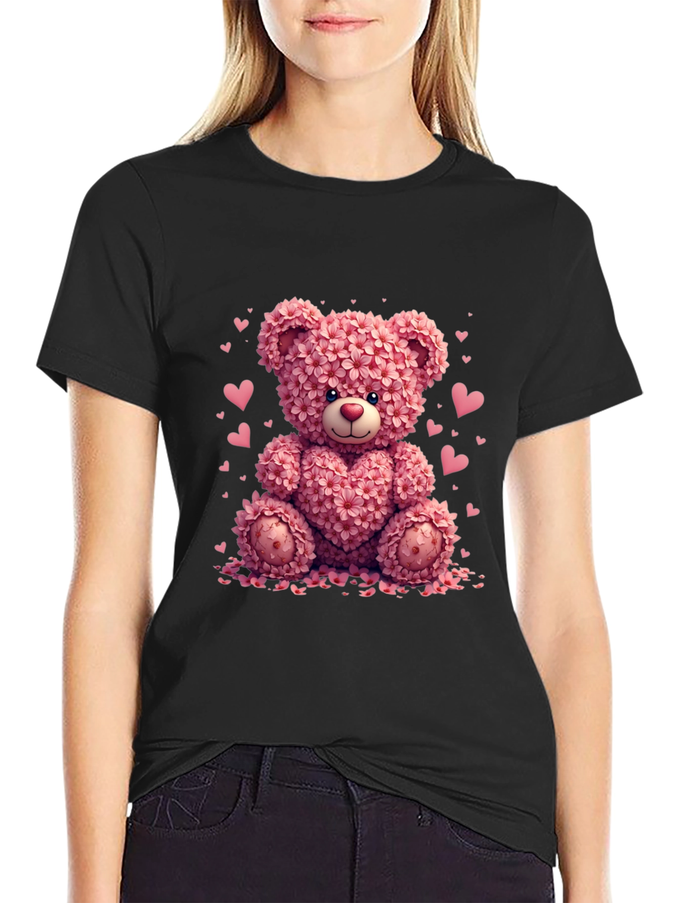 Black Floral Teddy Bear Graphic Tee - Valentine's Day view 2