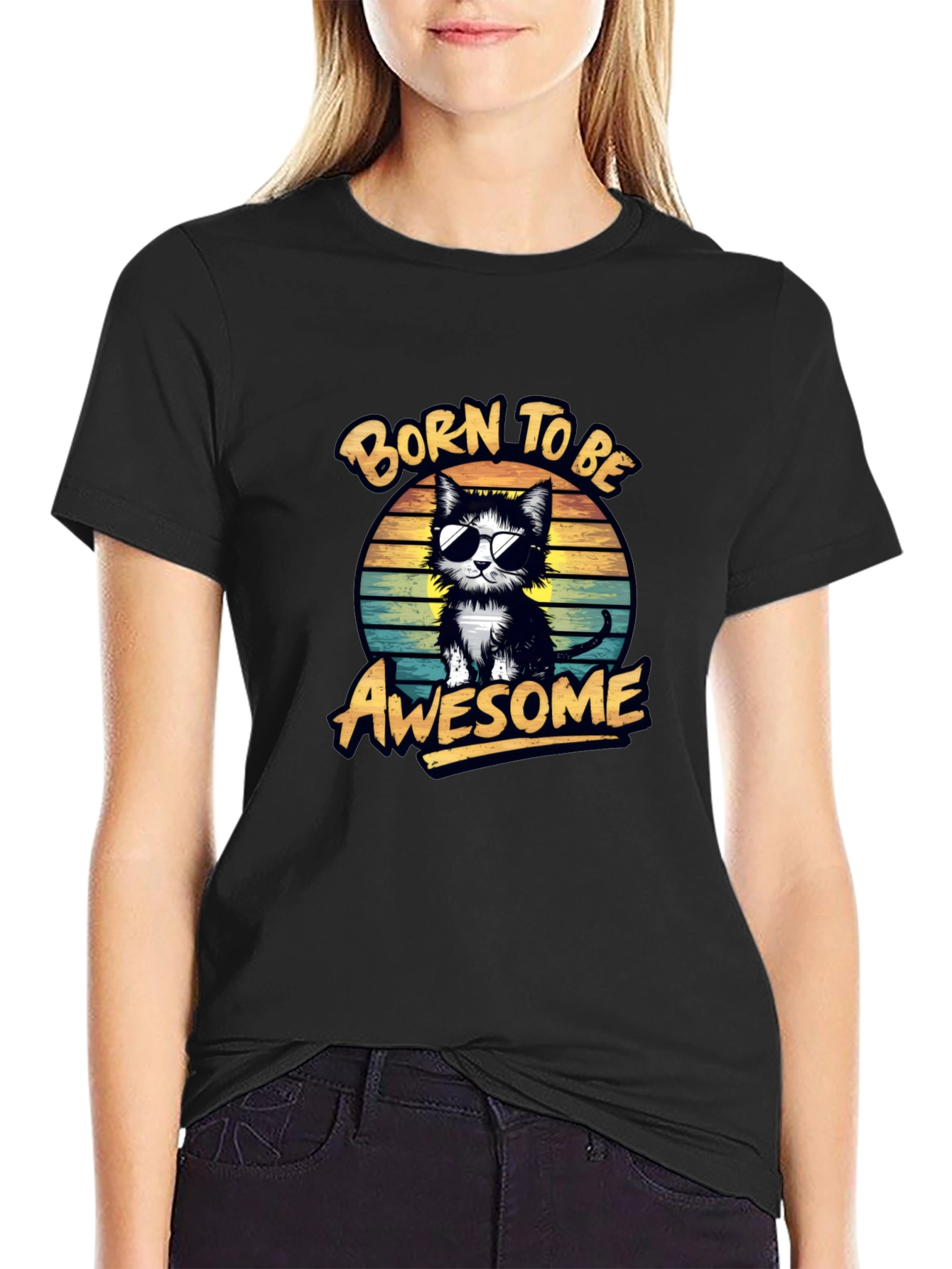 Black Born to be Awesome Cat Graphic Tee view 2