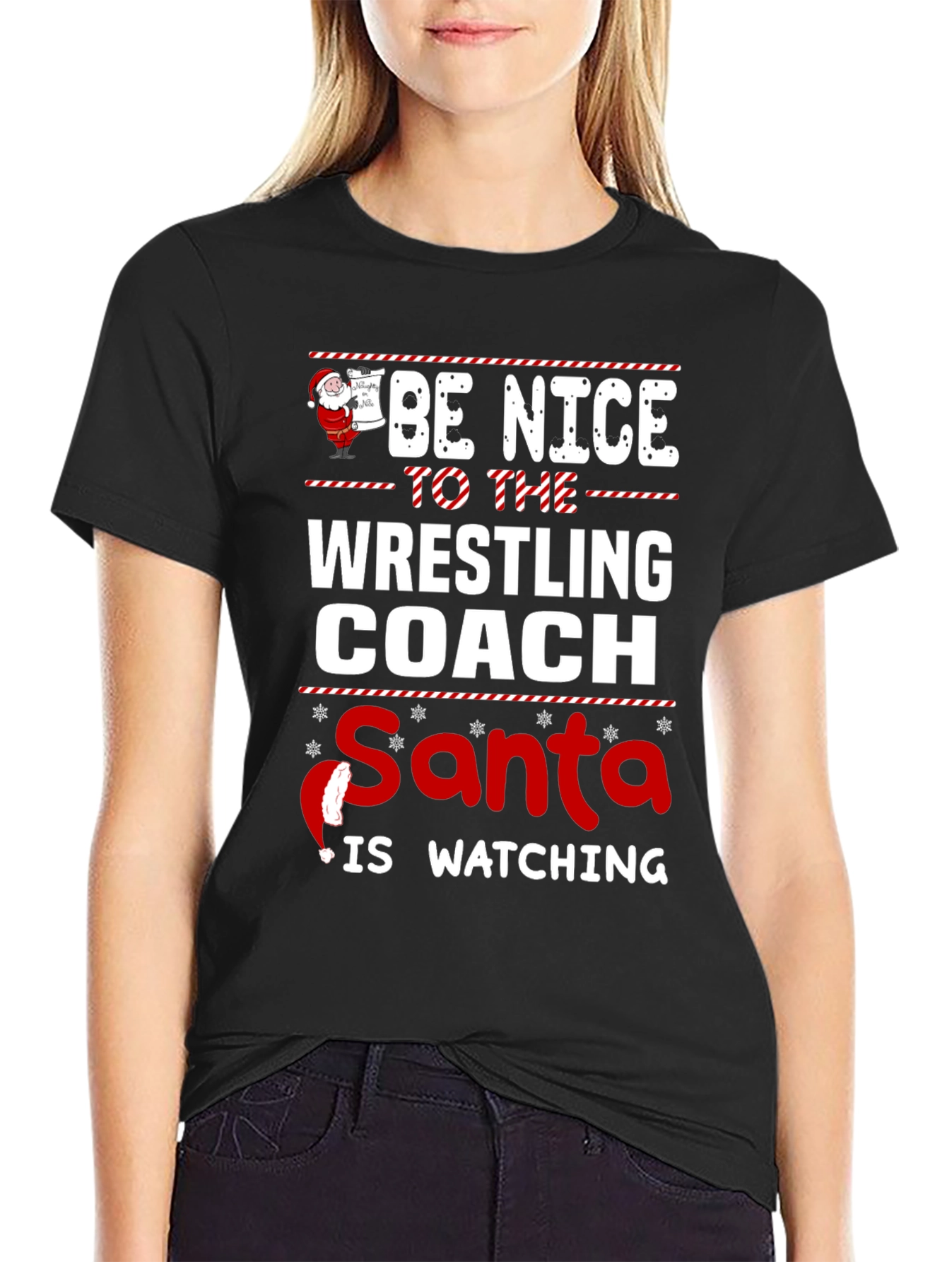 Black Funny Wrestling Coach Christmas Santa Watching T-Shirt view 2