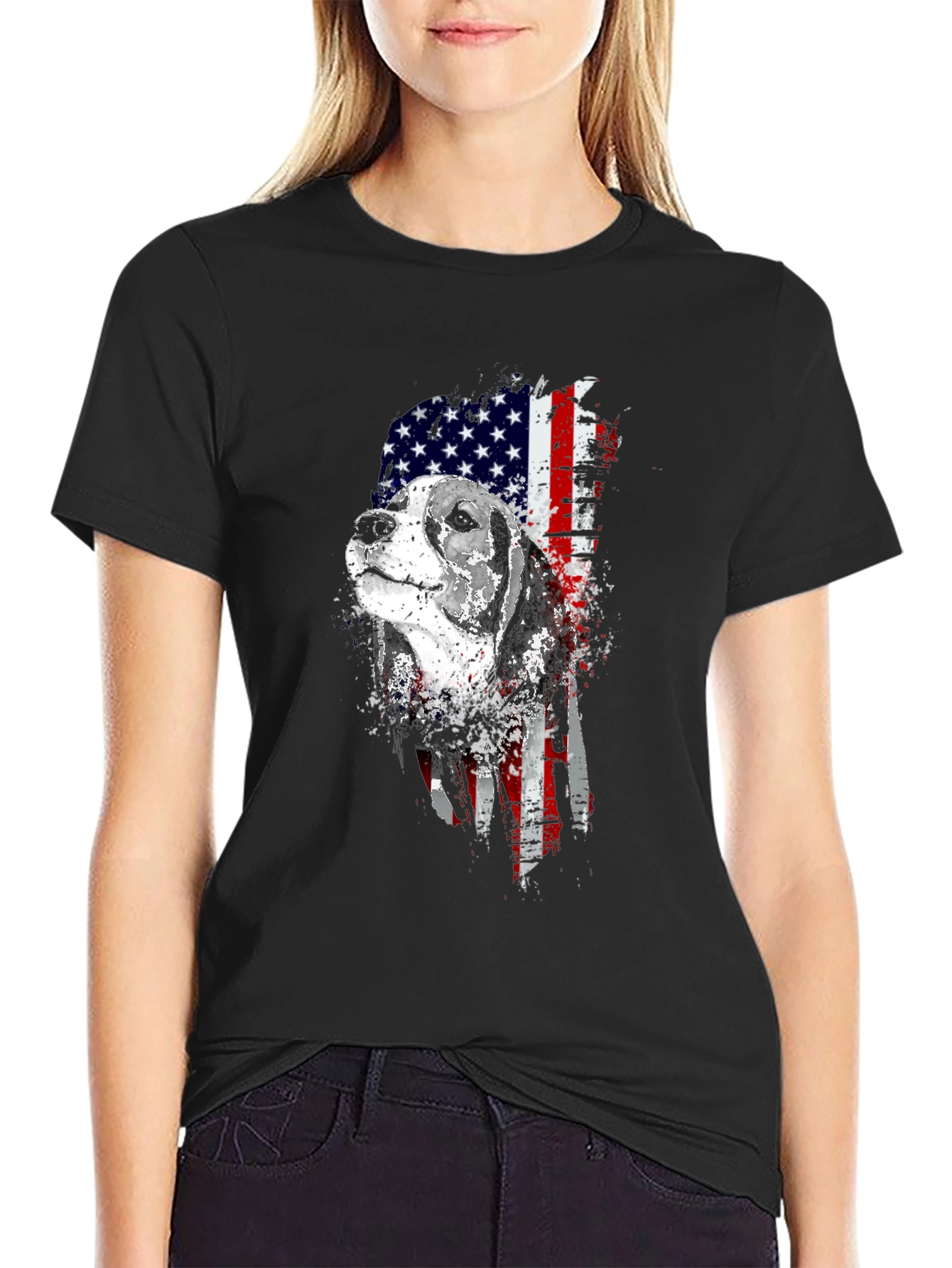 Black Patriotic Beagle Dog American Flag Graphic Tee view 2