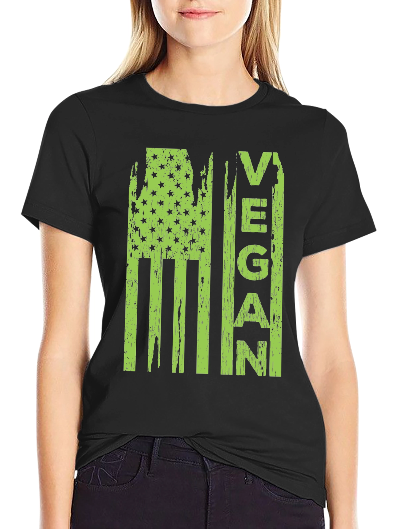 Black Vegan American Flag Graphic T-Shirt view 2