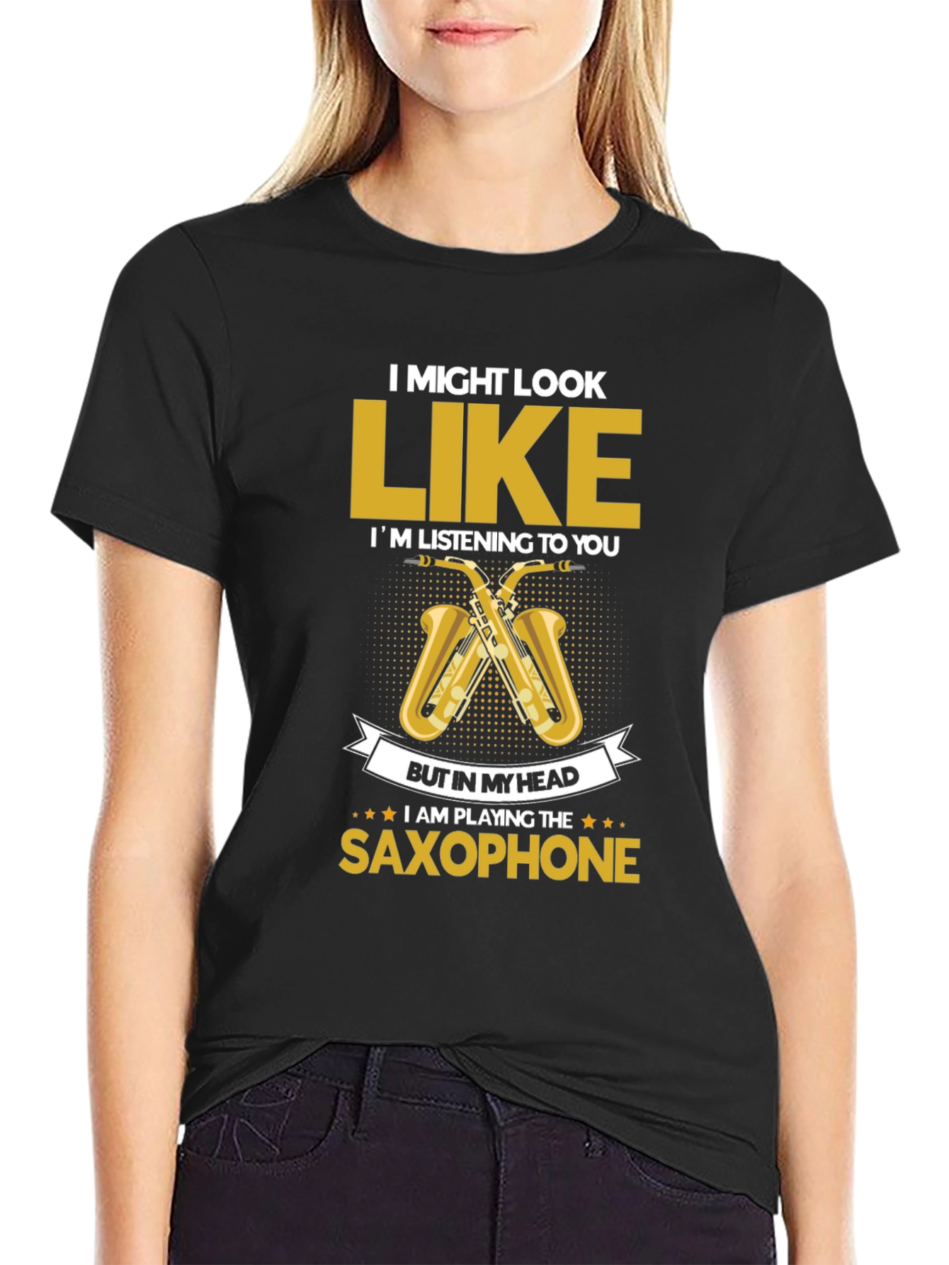 Black Saxophone Player T-Shirt - Musician Novelty Tee view 2