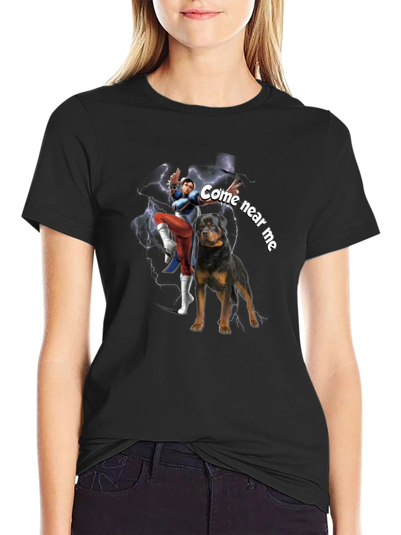 Black Cool Black Graphic Tee - Chun-Li & Rottweiler "Come Near Me" view 2