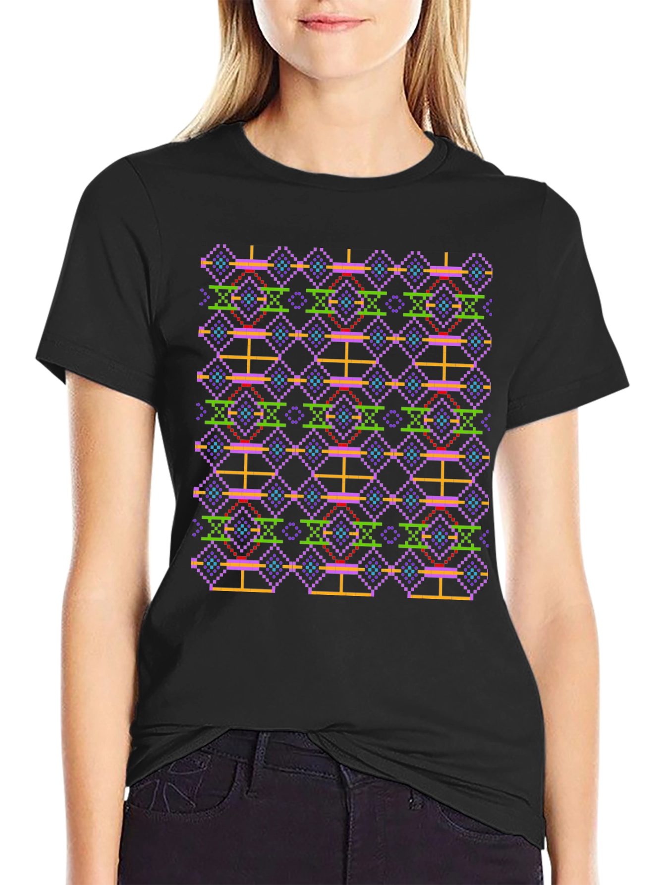 Black Retro Pixel Pattern Black T-Shirt view 2