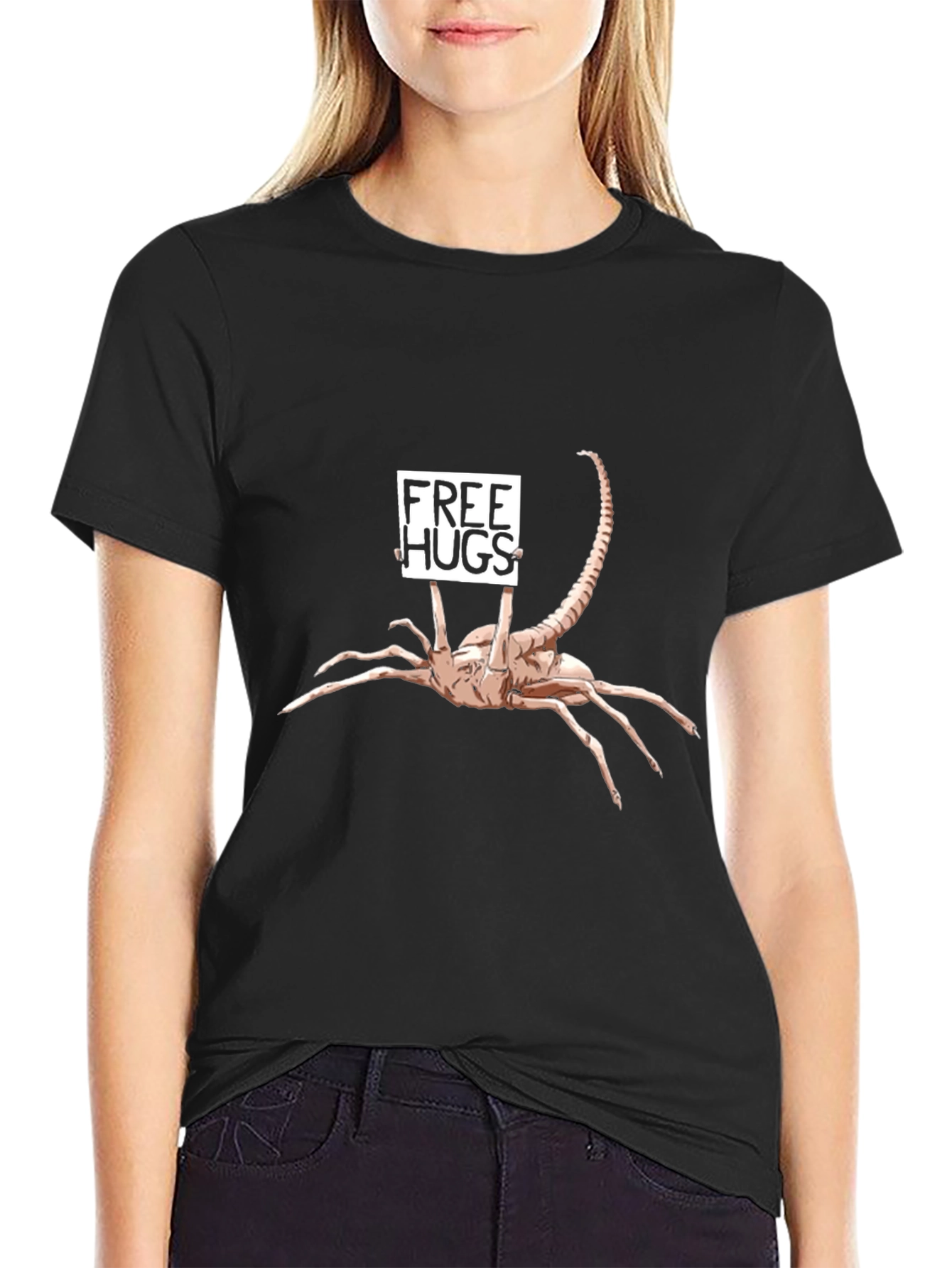 Black Free Hugs Alien T-Shirt - Funny Sci-Fi Tee view 2