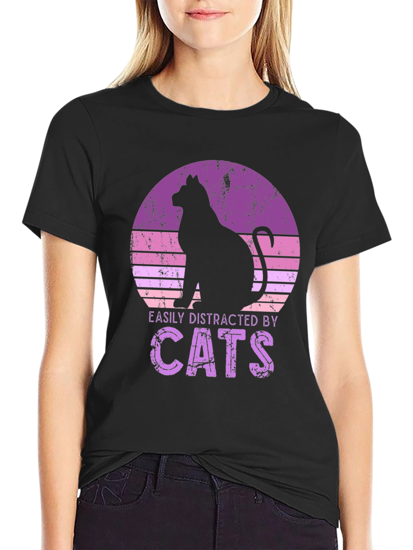 Black Easily Distracted By Cats Black T-Shirt view 2